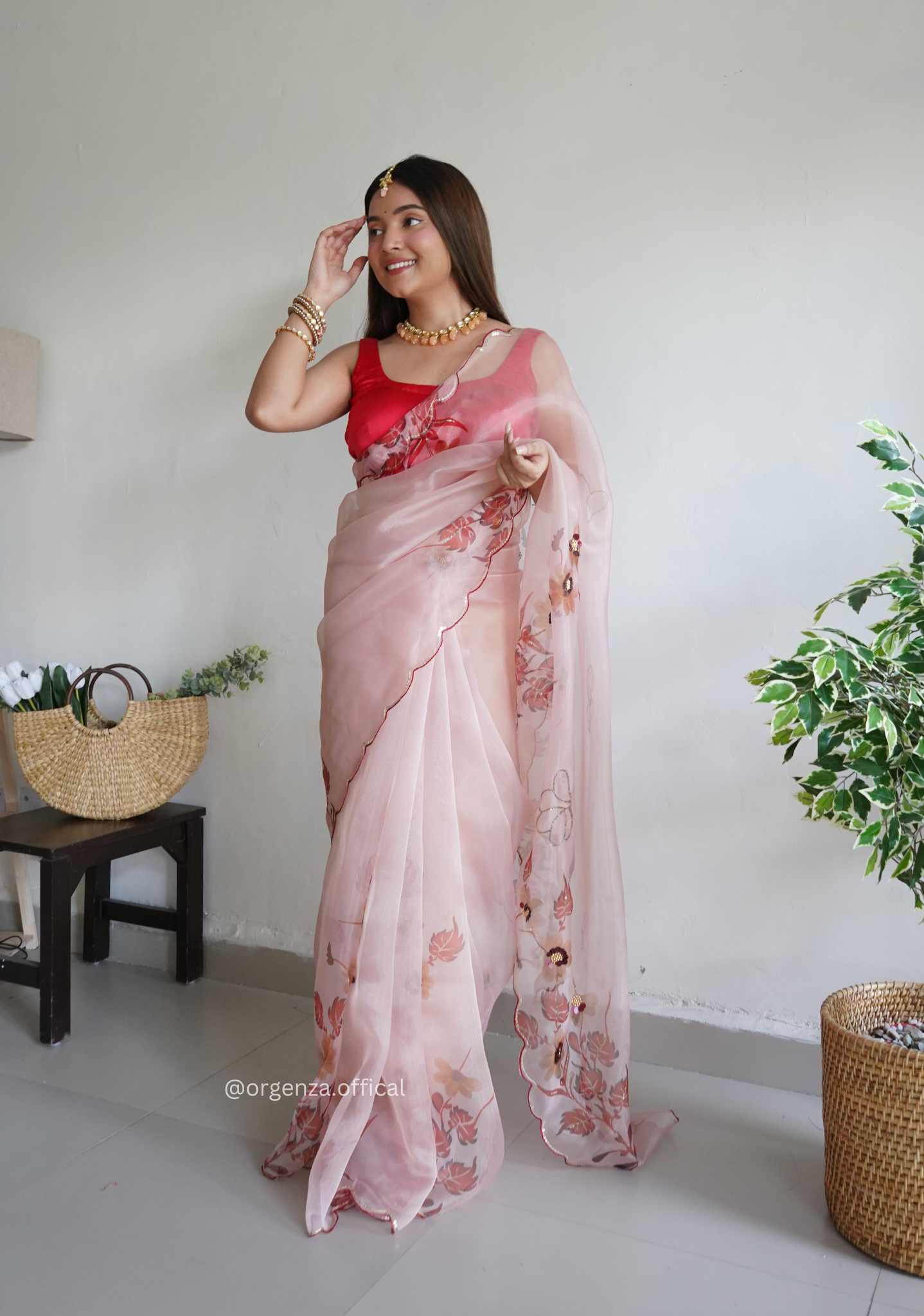 Onion Colour Organza Saree With Handwork