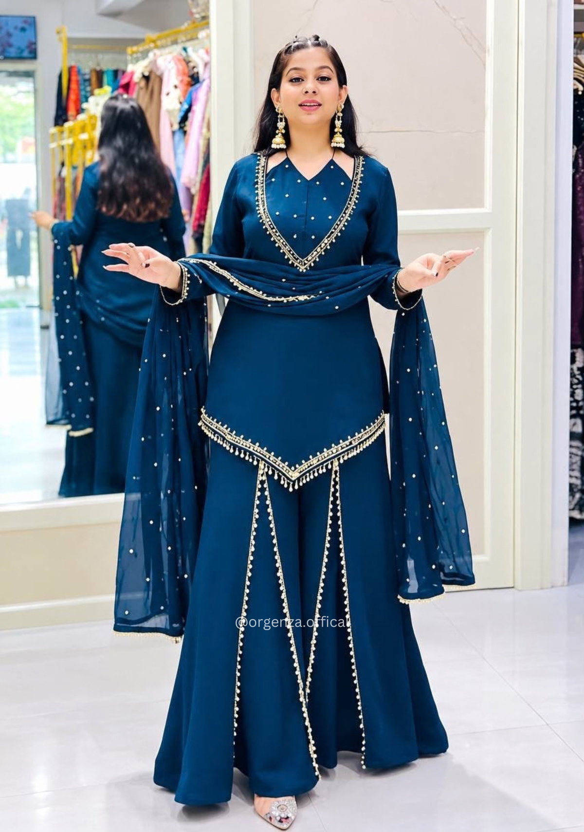 Peacock Blue Roman Glass Real Mirror Work Kurta Palazzo Set