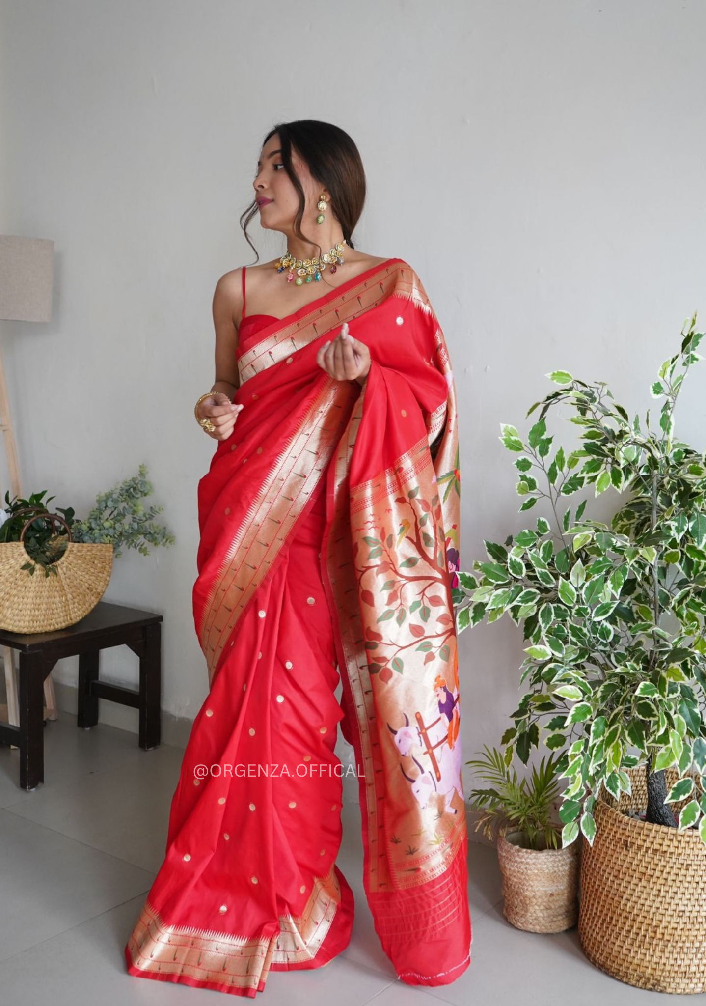 Pure Red Paithani Silk Saree With Zari Weaving - Orgenza Store