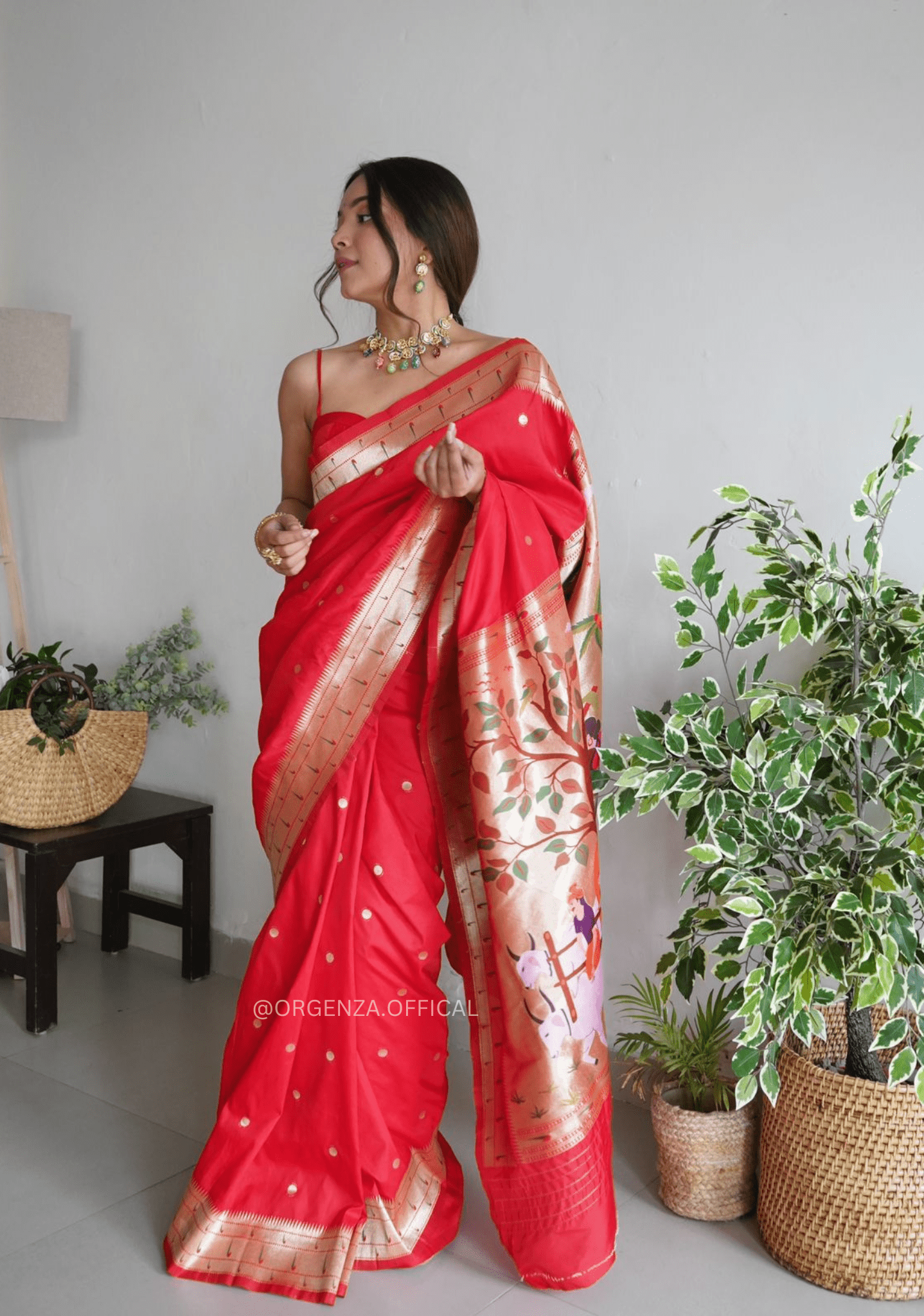 Pure Red Paithani Silk Saree With Zari Weaving - Orgenza Store - digisoch