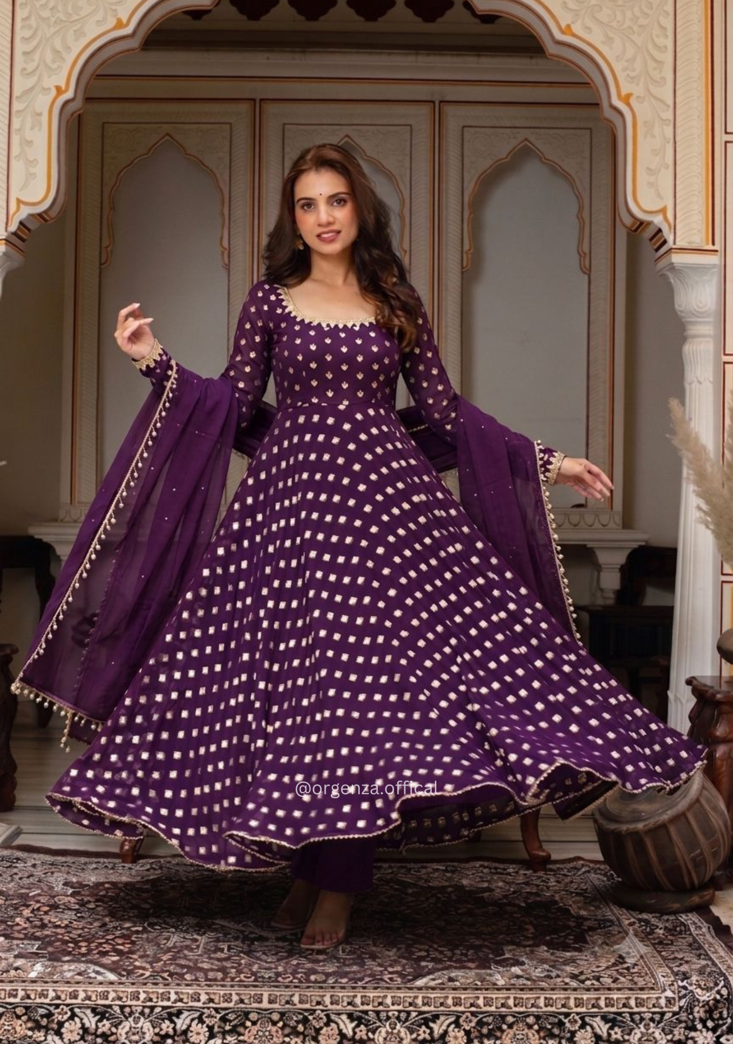 Purple Chanderi Jacquard Gown with Mirror Work