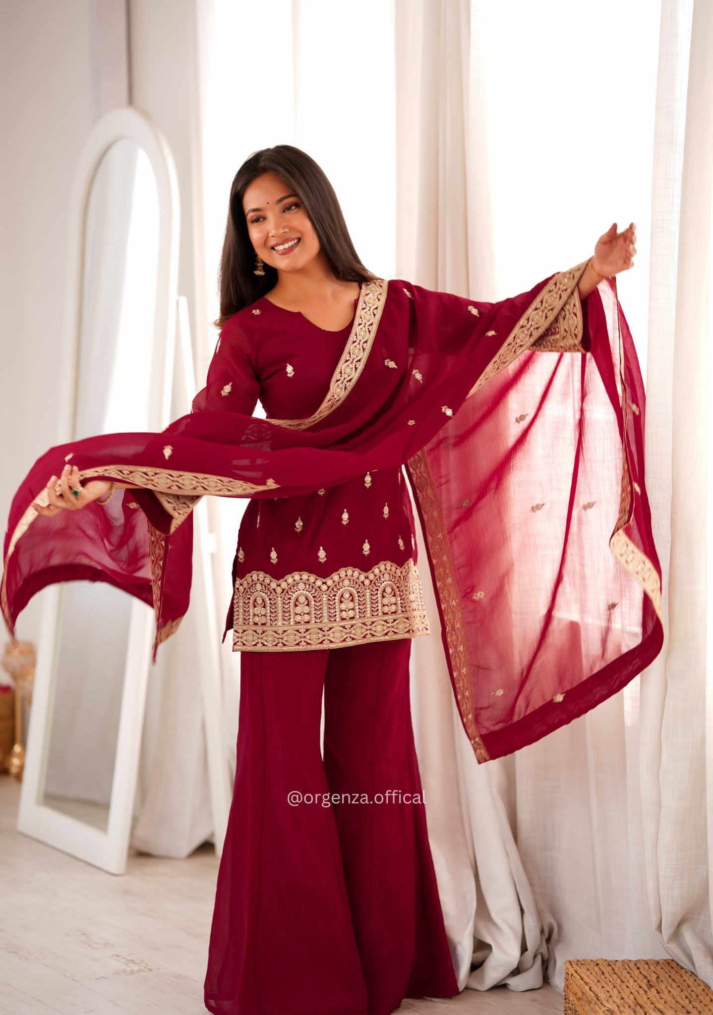 Maroon Crunchy Silk Embroidered Bell Bottom Suit Set