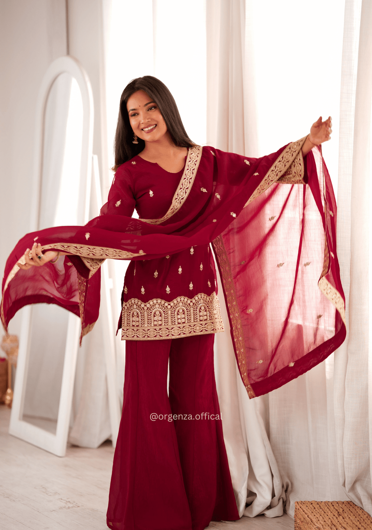 Maroon Crunchy Silk Embroidered Bell Bottom Suit Set