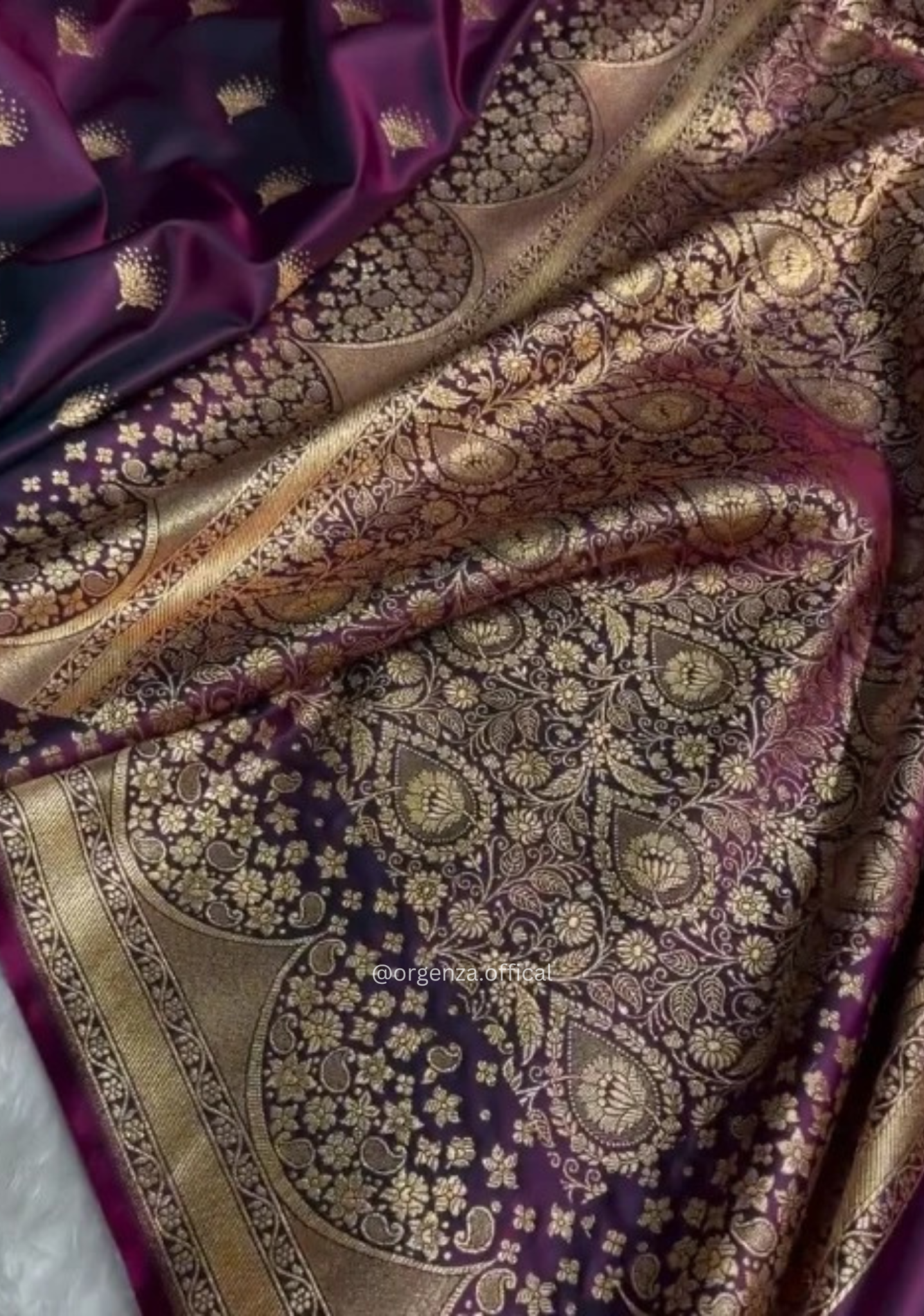 Wine Purple Banarasi Satin Saree with Golden Zari Weaving