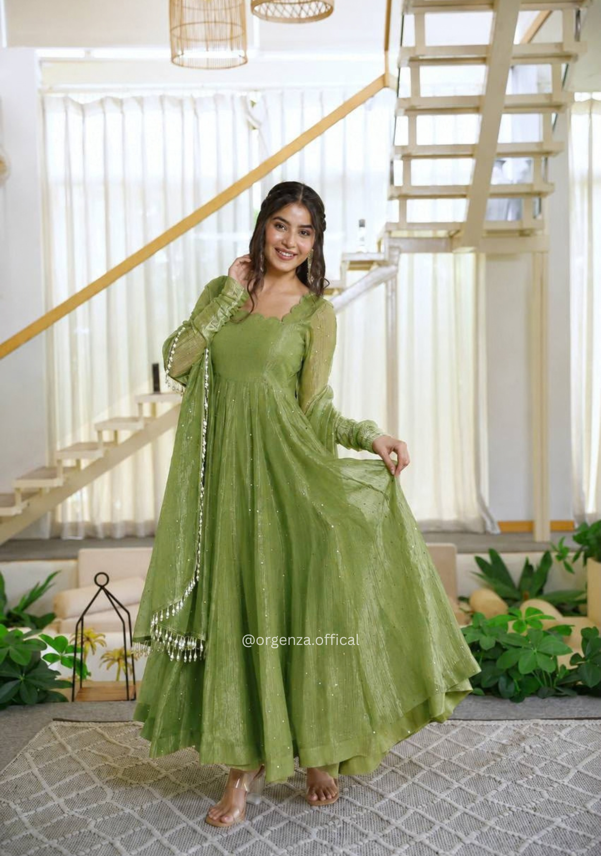 Green Salsa Silk Foil Work Gown Pant Dupatta Set
