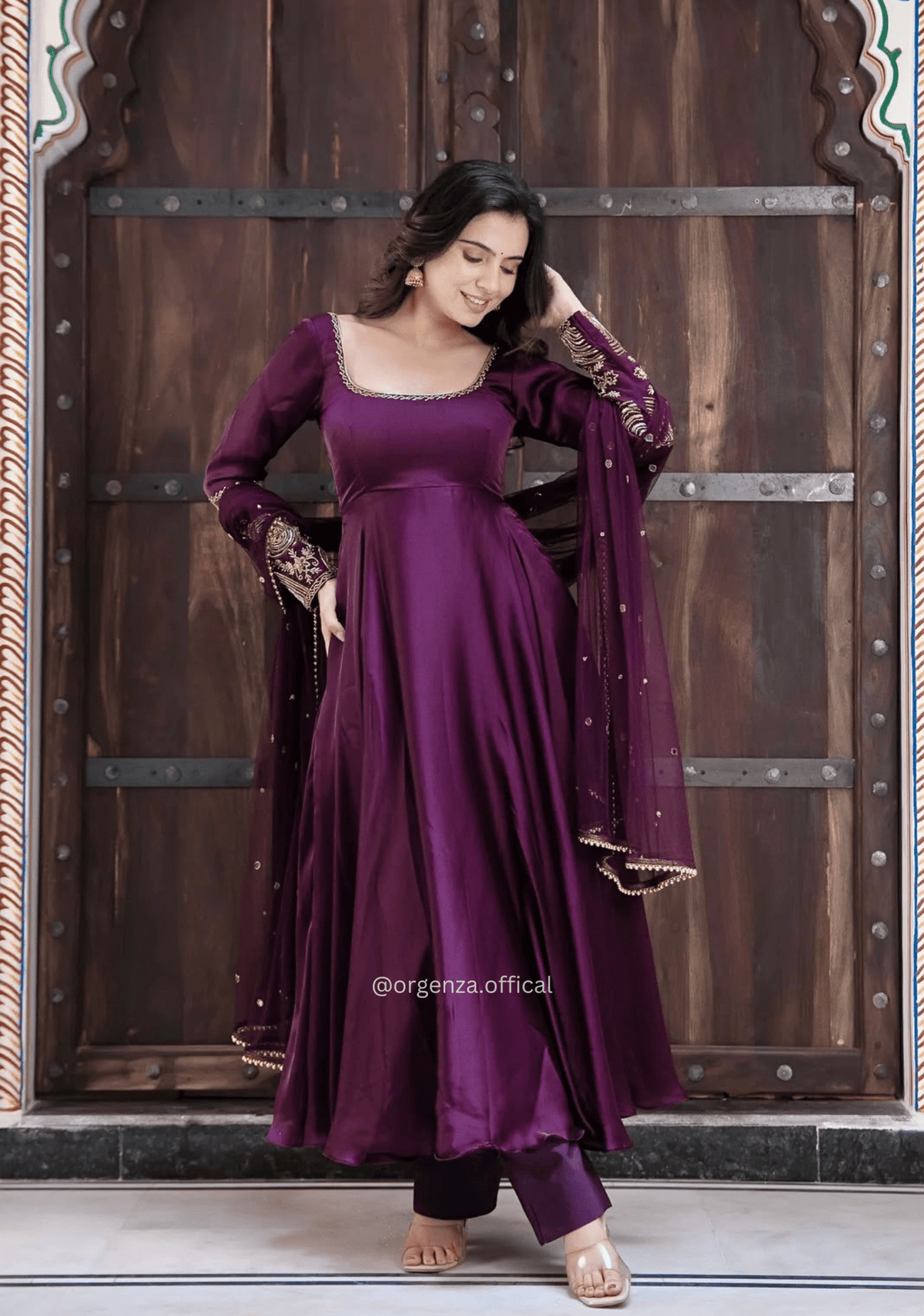 Dark Purple Upada Silk 7 Meter Flare Sequin Embroidered Gown Set