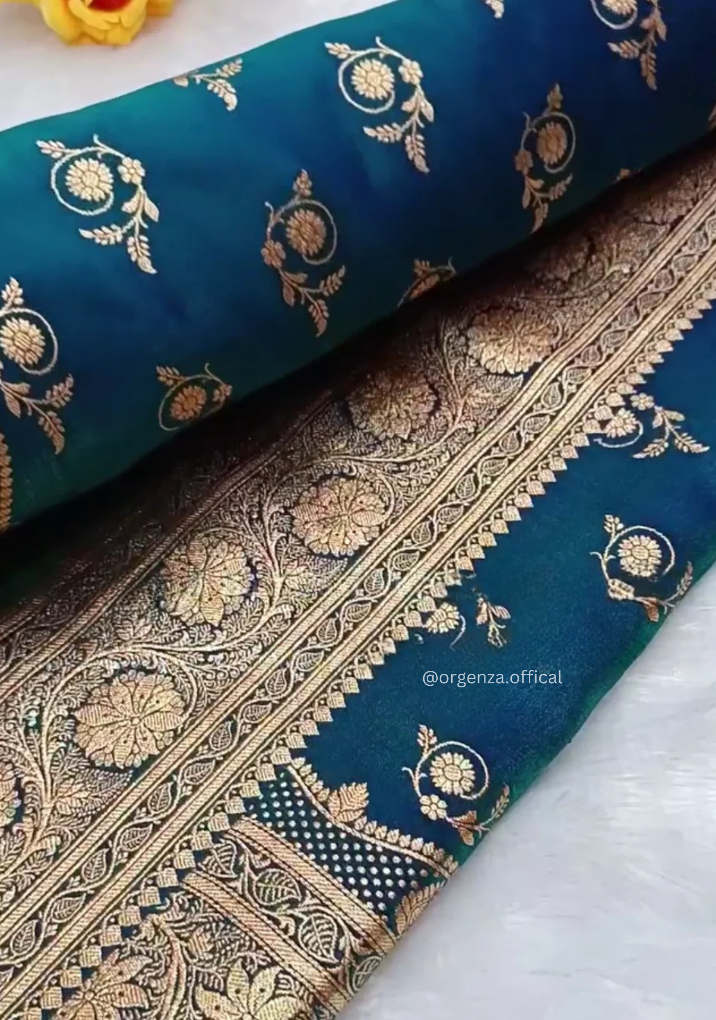 Peacock Blue Banarasi Satin Saree with Golden Zari Weaving