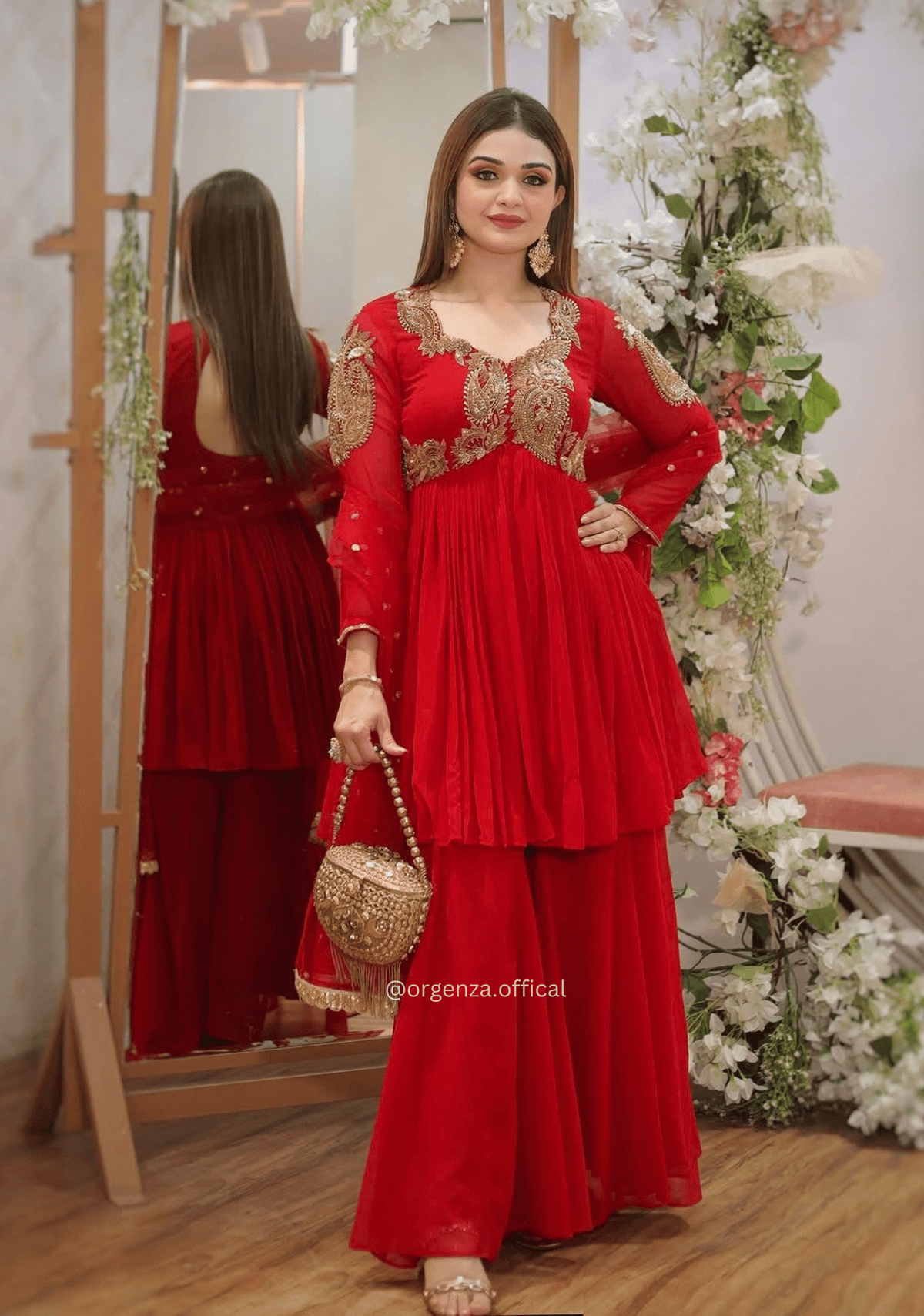Red Designer Fox Georgette Sequins Palazzo Set