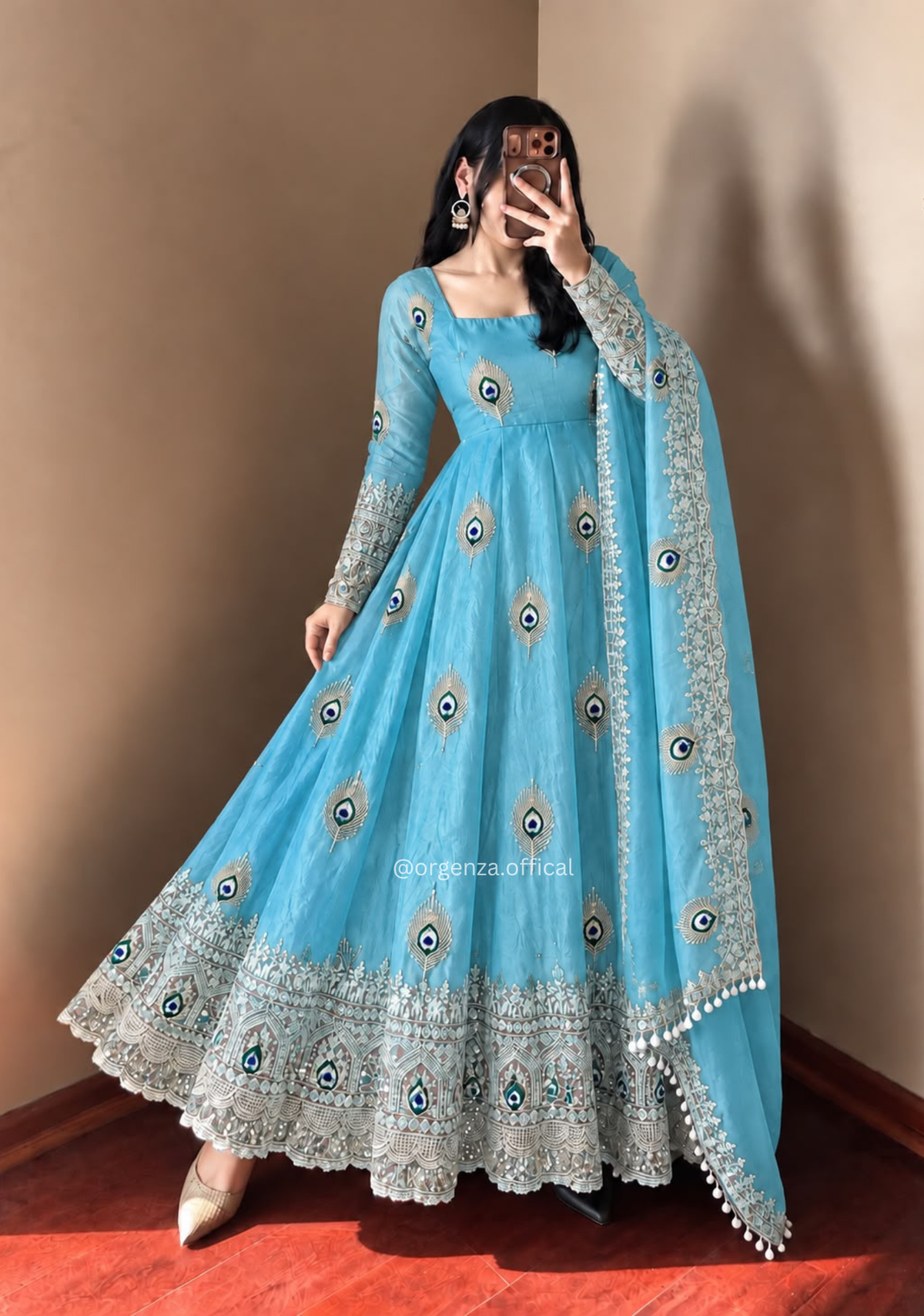 Sky Blue Fendy Silk Sequin Embroidered Gown Set