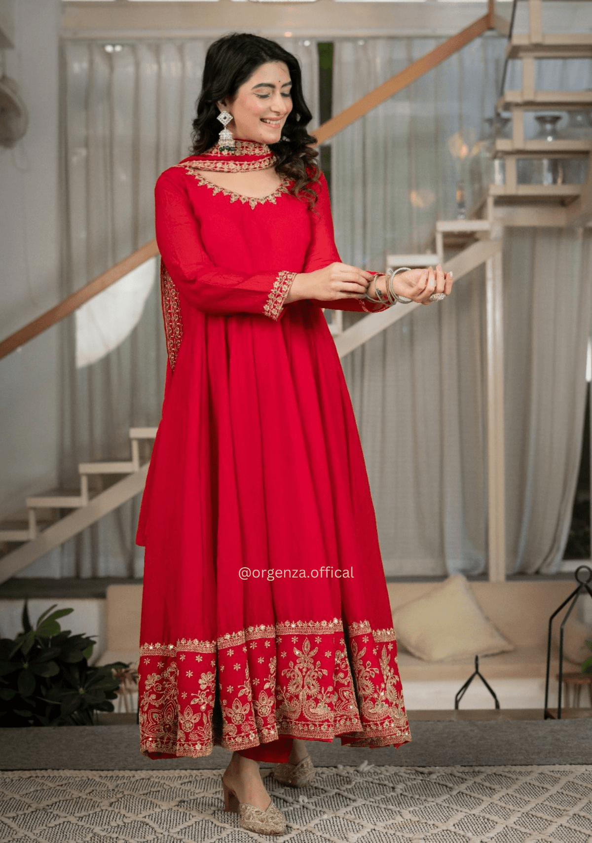 Cherry Red Premium Rangoli Crush Designer Anarkali Suit