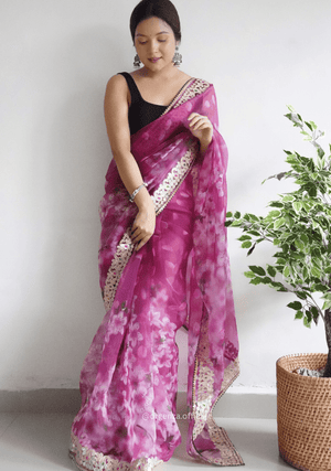Pink Organza Saree With Gotta Patti Border - Orgenza Store - digisoch