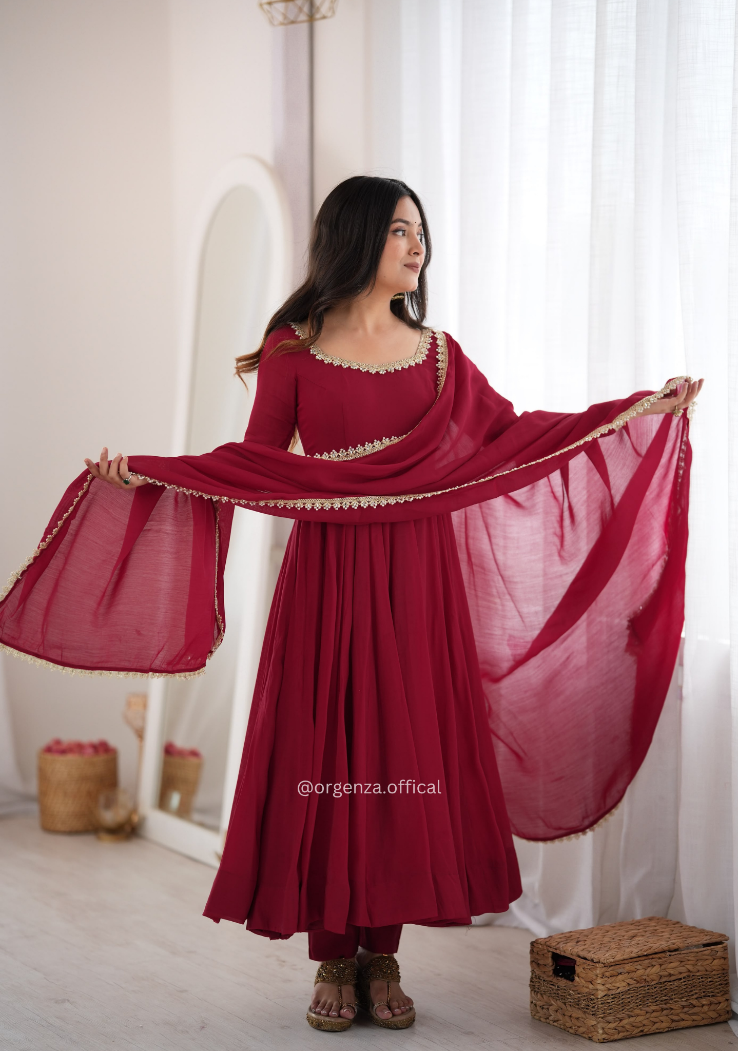 Maroon Pure Mal Chanderi Mirror Work Anarkali Set