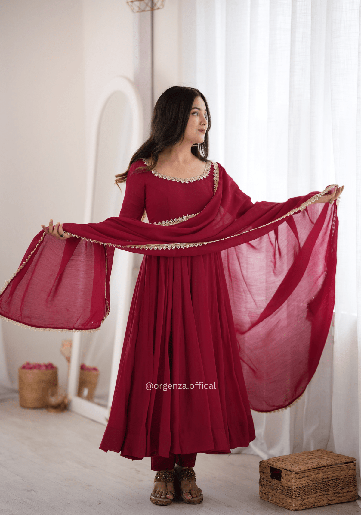Maroon Pure Mal Chanderi Mirror Work Anarkali Set
