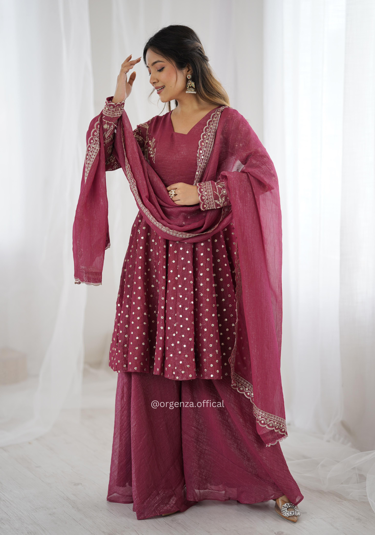 Onion Crunchy Silk Embroidered Sharara Palazzo Suit Set