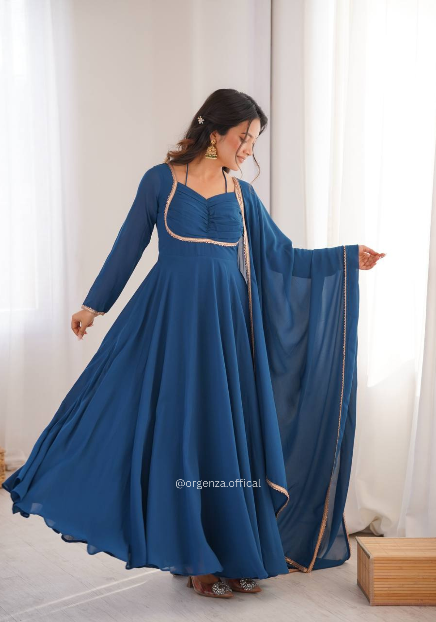 Teal Blue Fox Georgette Anarkali Gown Set