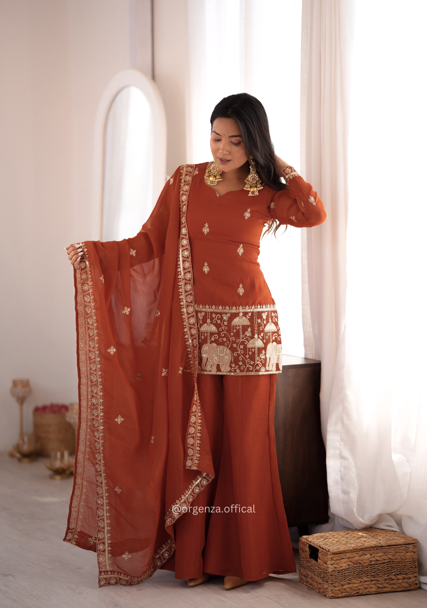 Rust Crunchy Silk Embroidered Bell Bottom Suit Set