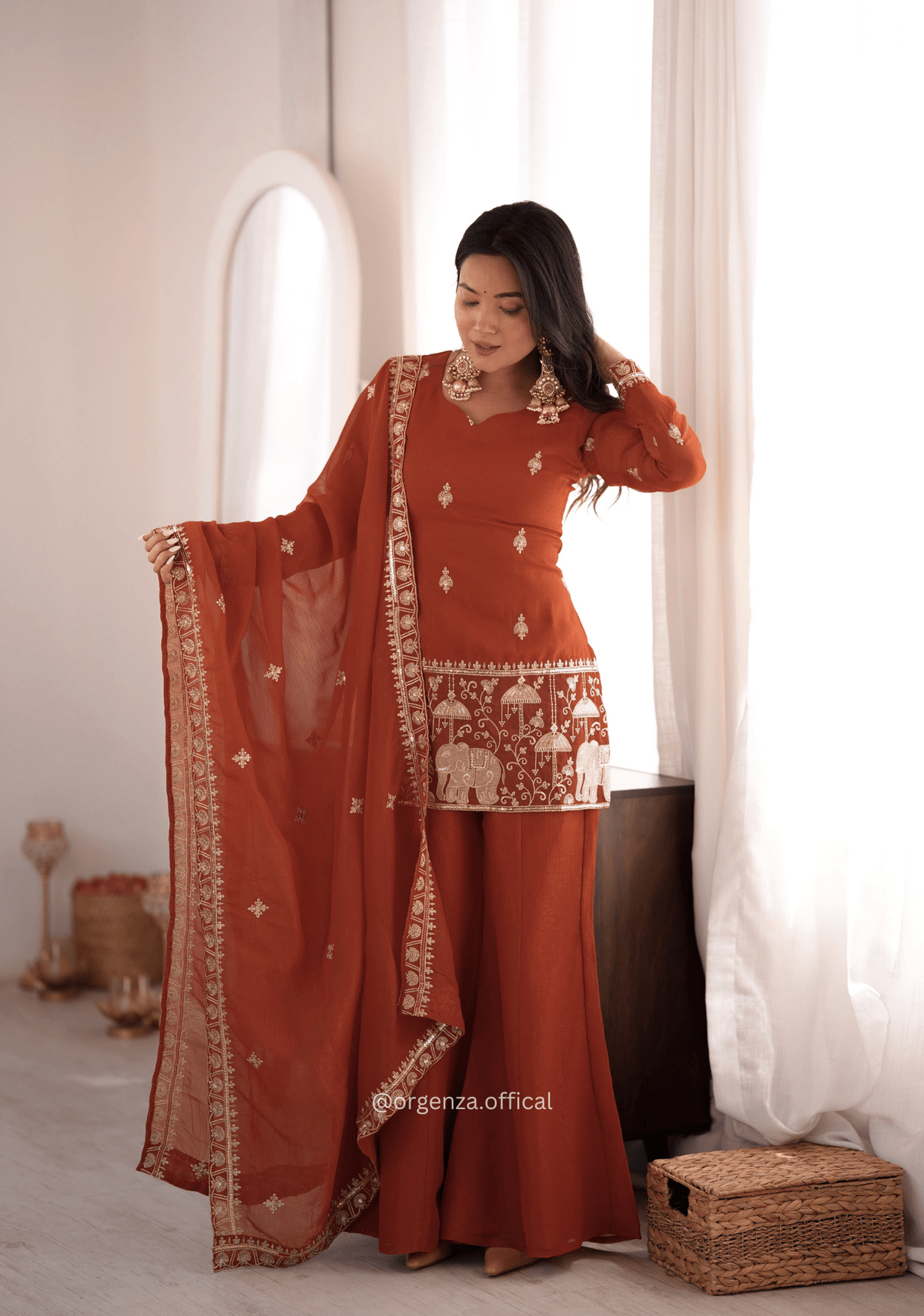 Rust Crunchy Silk Embroidered Bell Bottom Suit Set