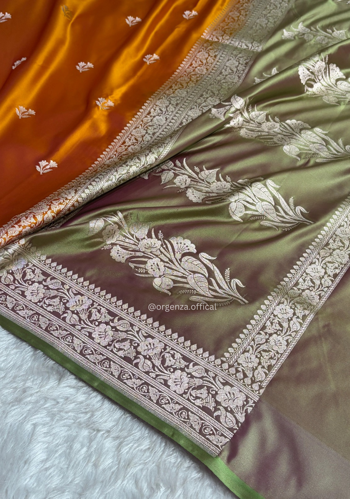 Rust Orange Banarasi Satin Saree with Zari Weaving
