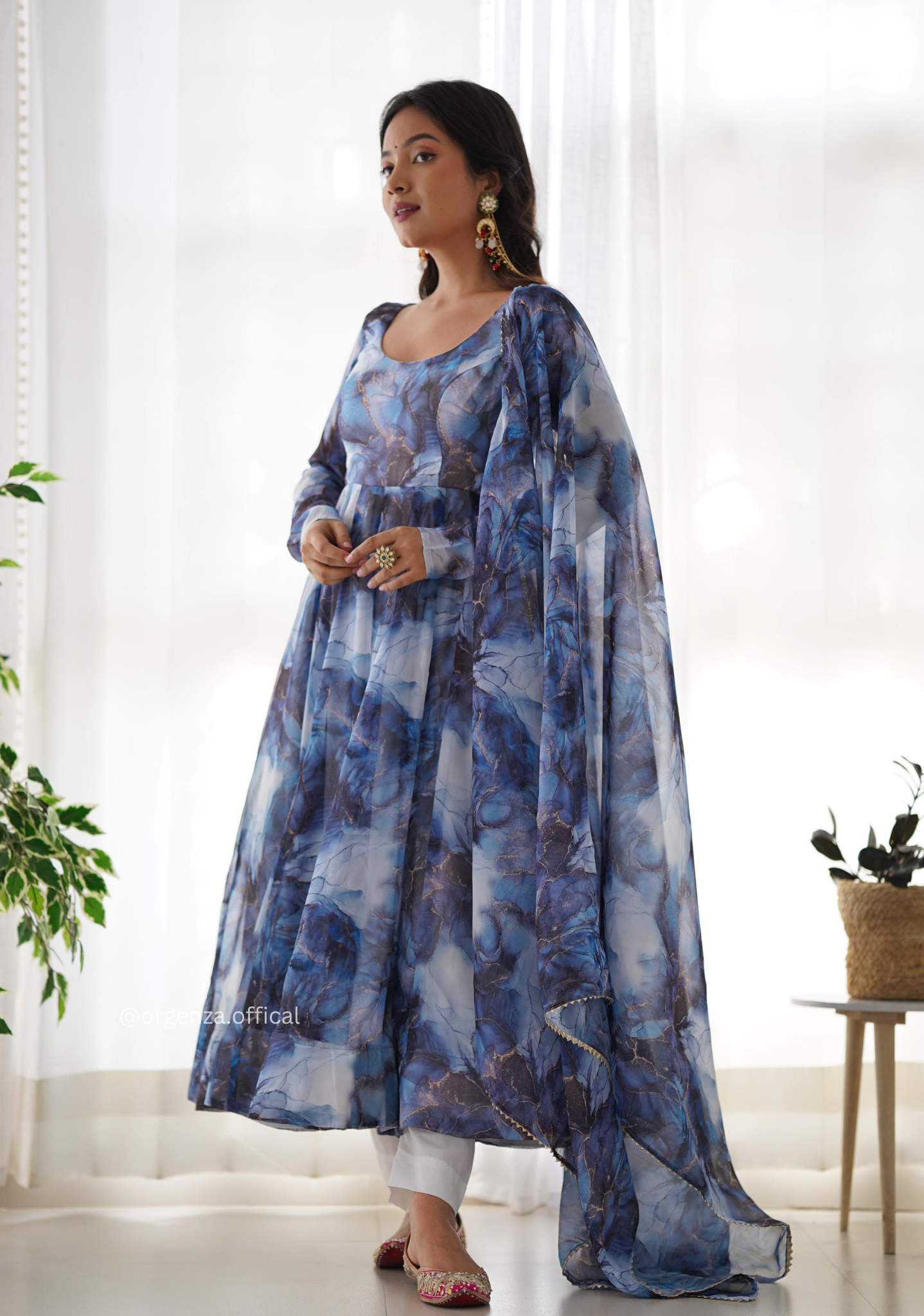 Grey Colour Organza Silk Marble Print Anarkali Kurtis - Orgenza Store