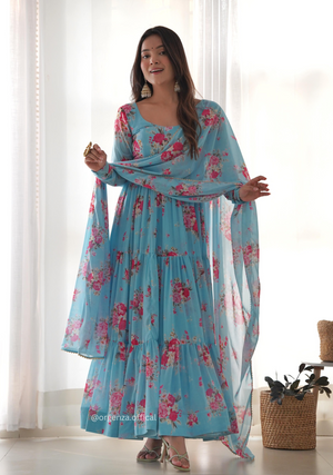 Pure Georgette Silk Floral Print Kurtis With Dupatta Set - Orgenza Store