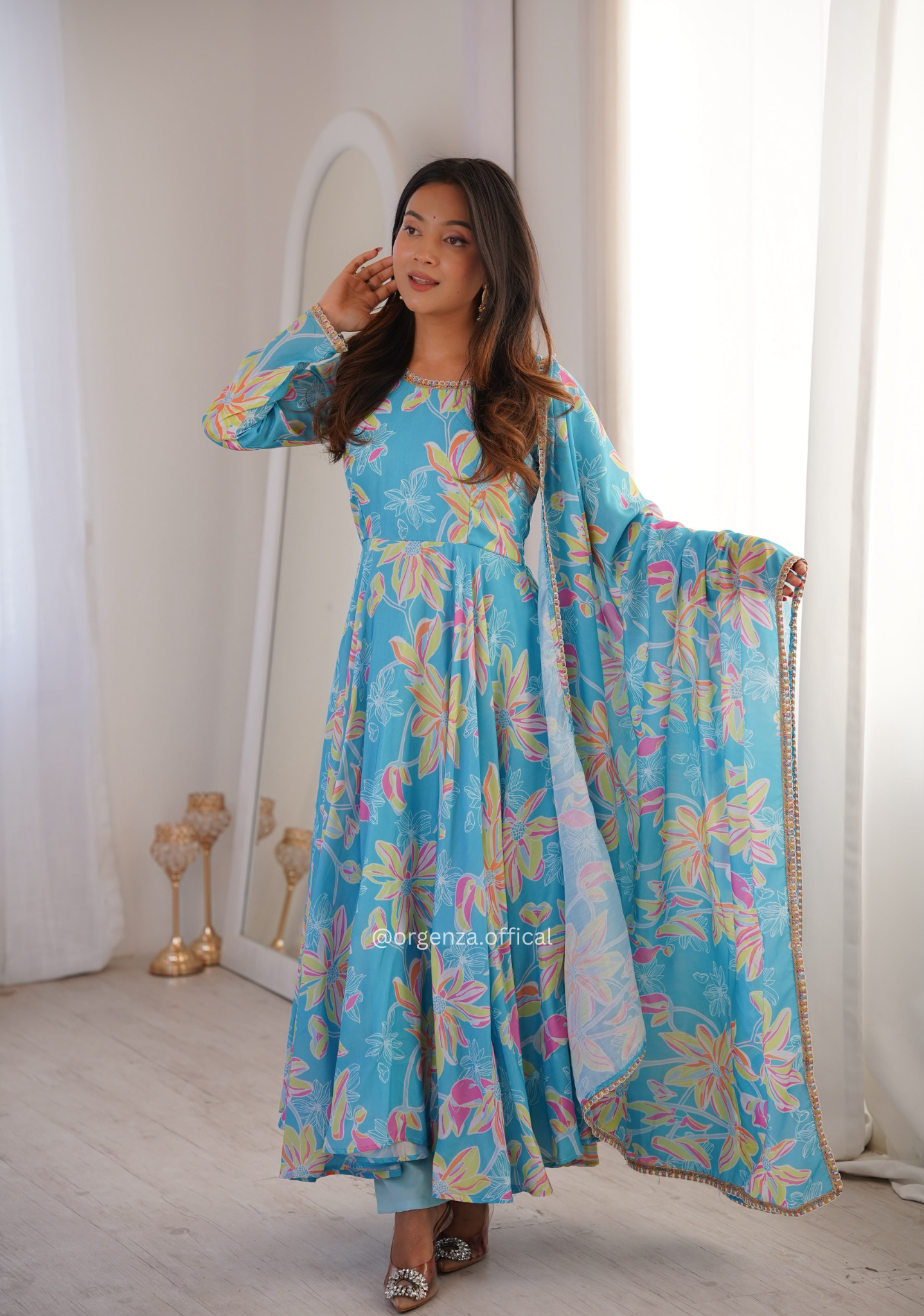 Sky Blue Printed Muslin Gown Set with Pant & Dupatta