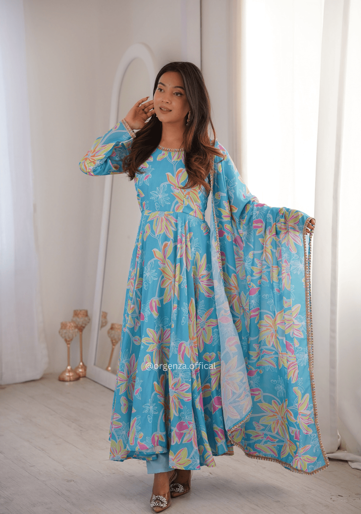 Sky Blue Printed Muslin Gown Set with Pant & Dupatta