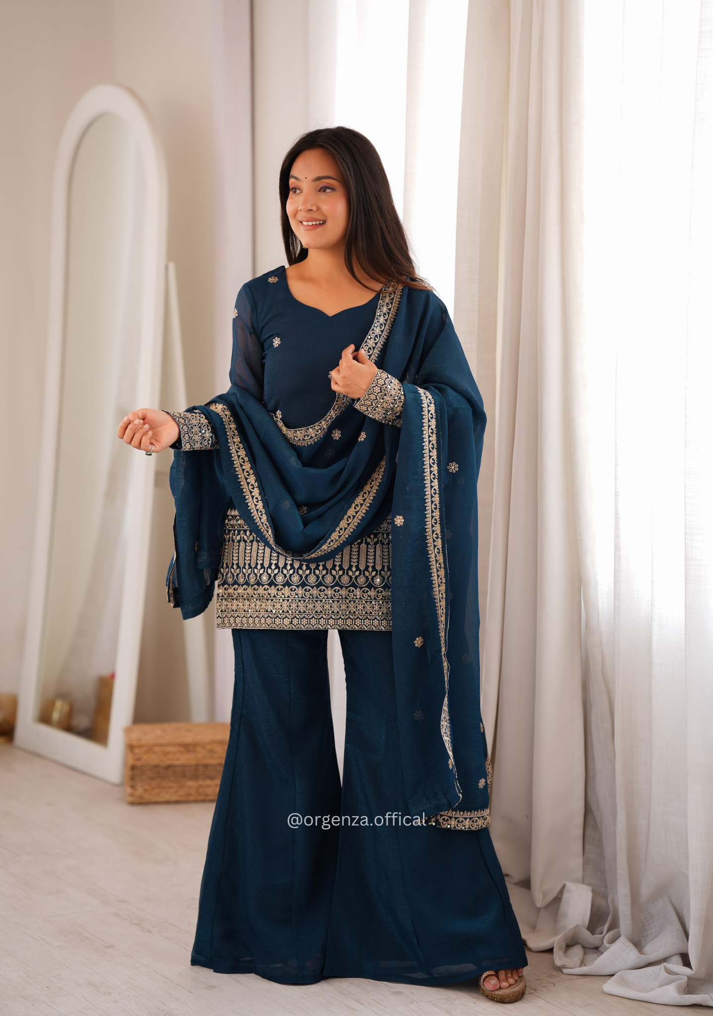 Teal Blue Crunchy Silk Embroidered Bell Bottom Suit Set