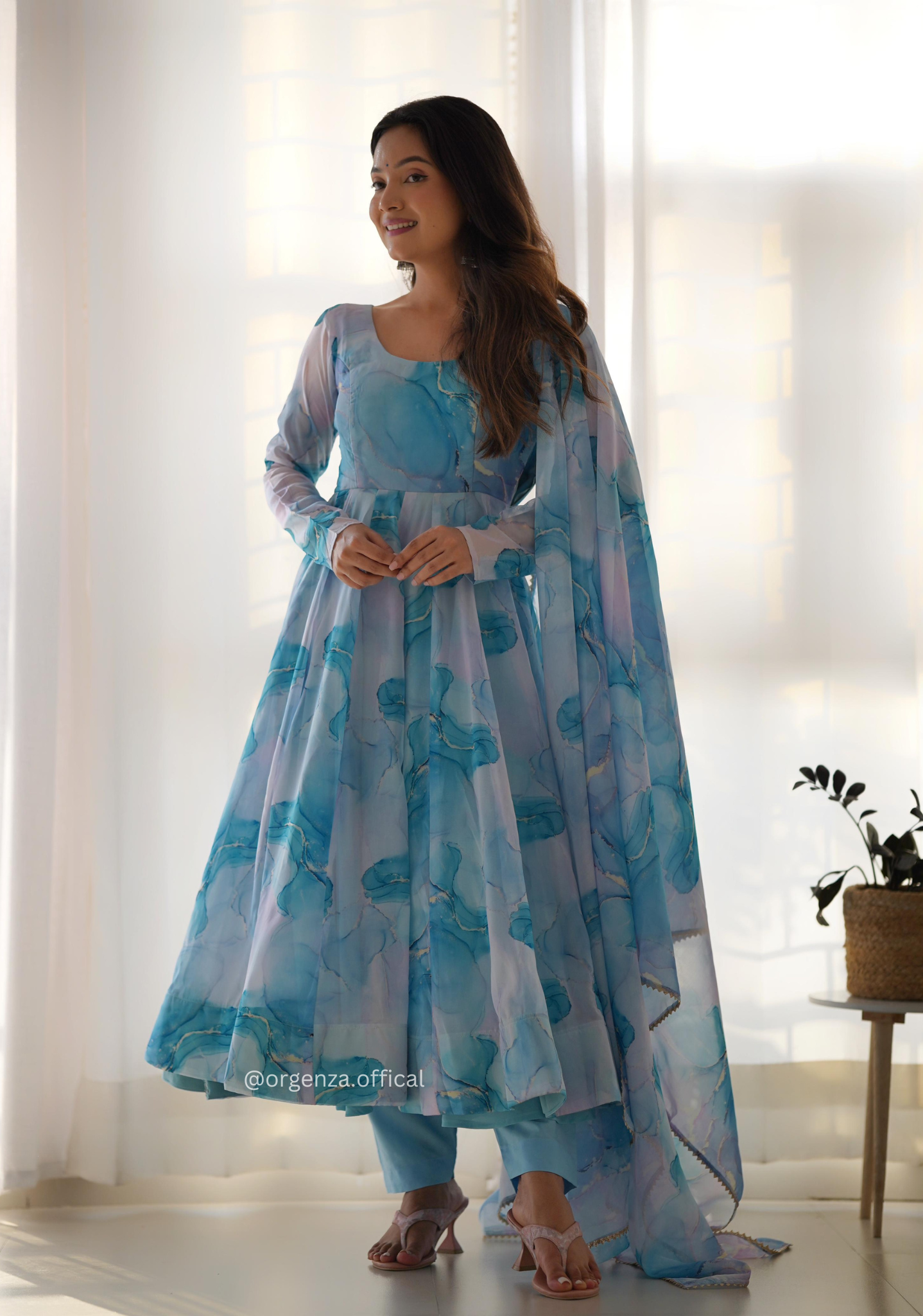 Sky Blue Colour Organza Silk Marble Print Anarkali Kurtis - Orgenza Store