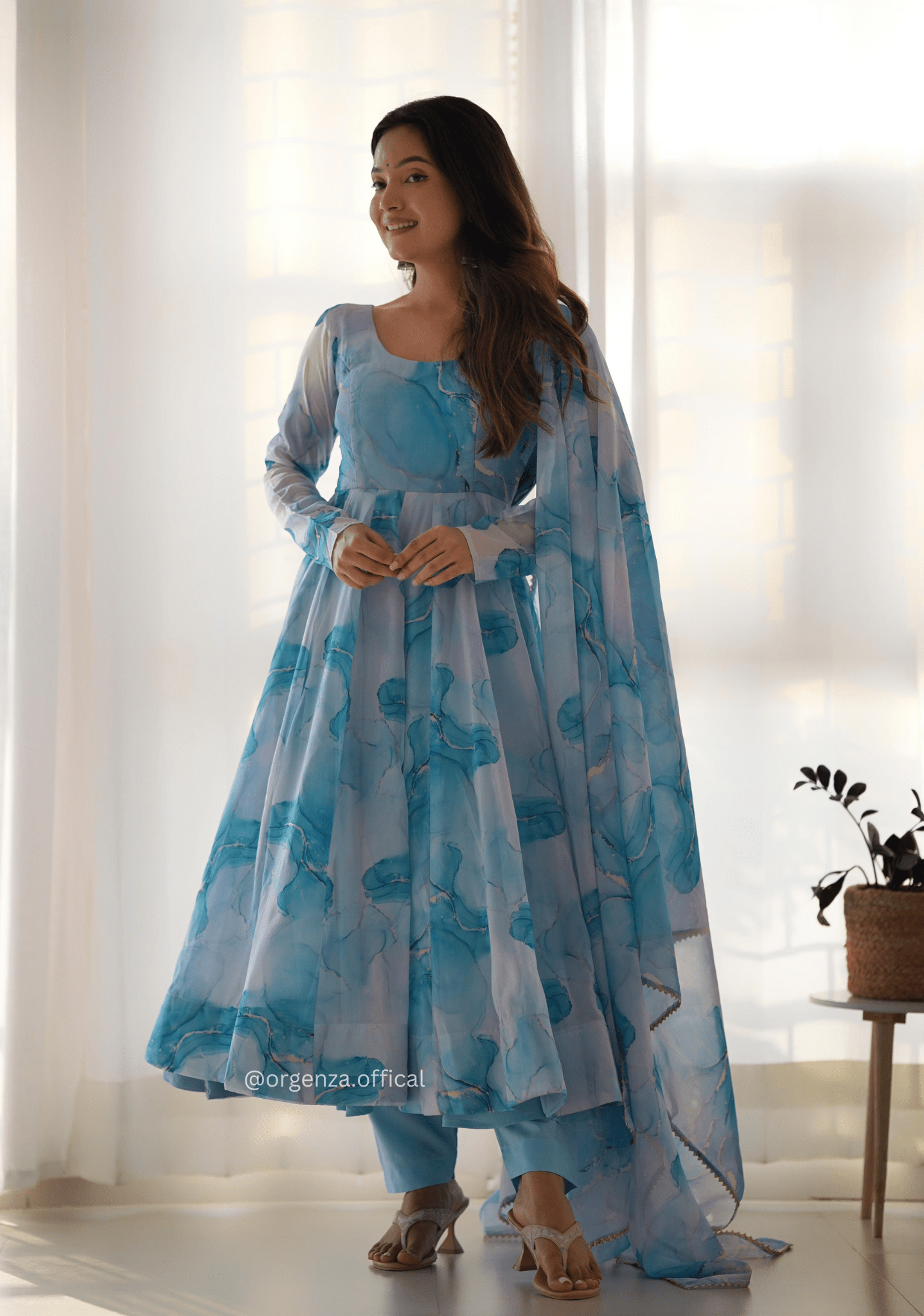 Sky Blue Colour Organza Silk Marble Print Anarkali Kurtis - Orgenza Store - digisoch