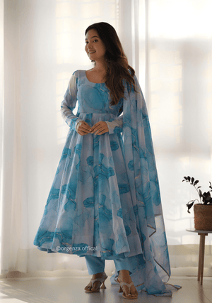 Sky Blue Colour Organza Silk Marble Print Anarkali Kurtis - Orgenza Store