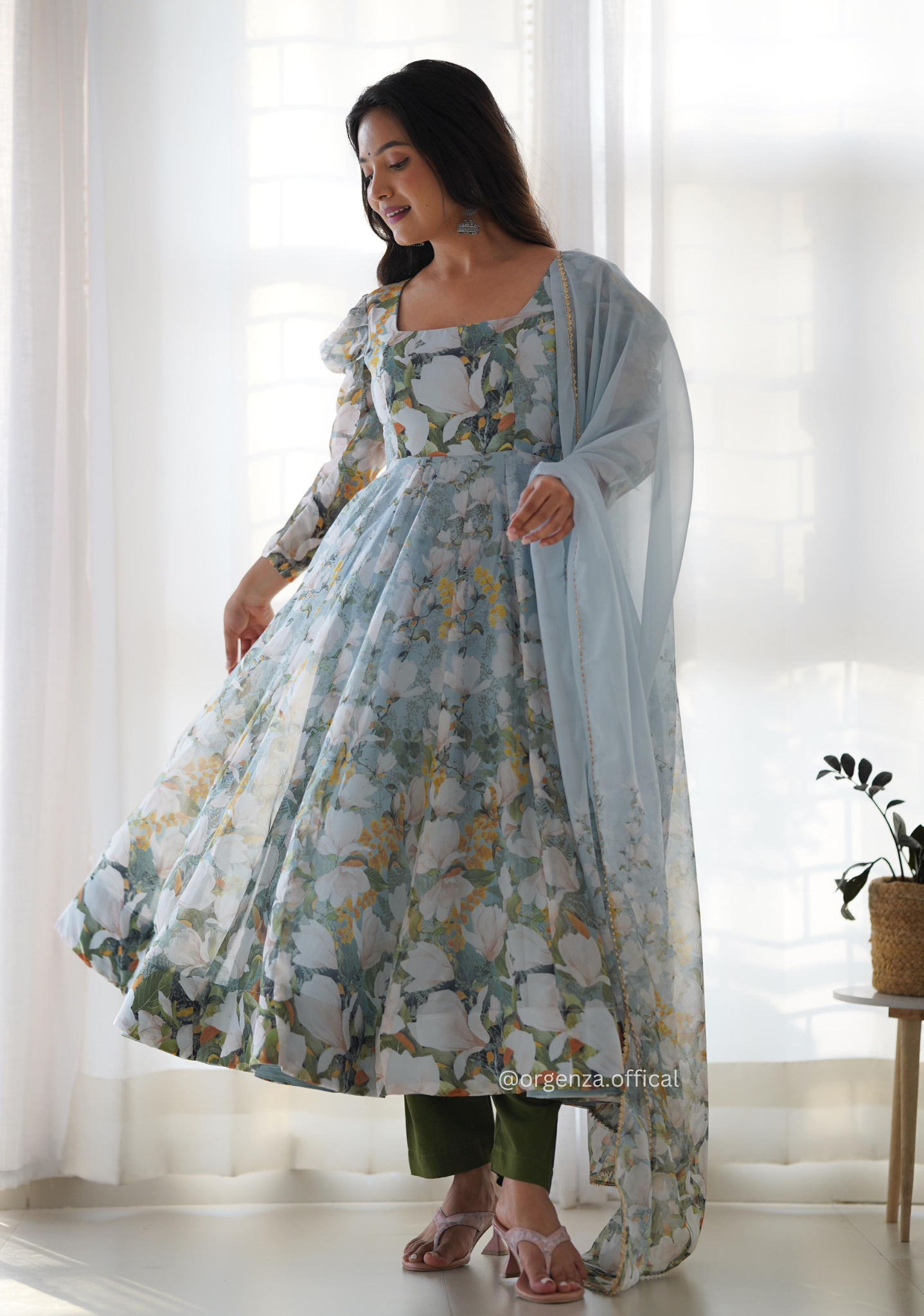 Floral Print Organza Anarkali With Dupatta And Pant - Orgenza Store