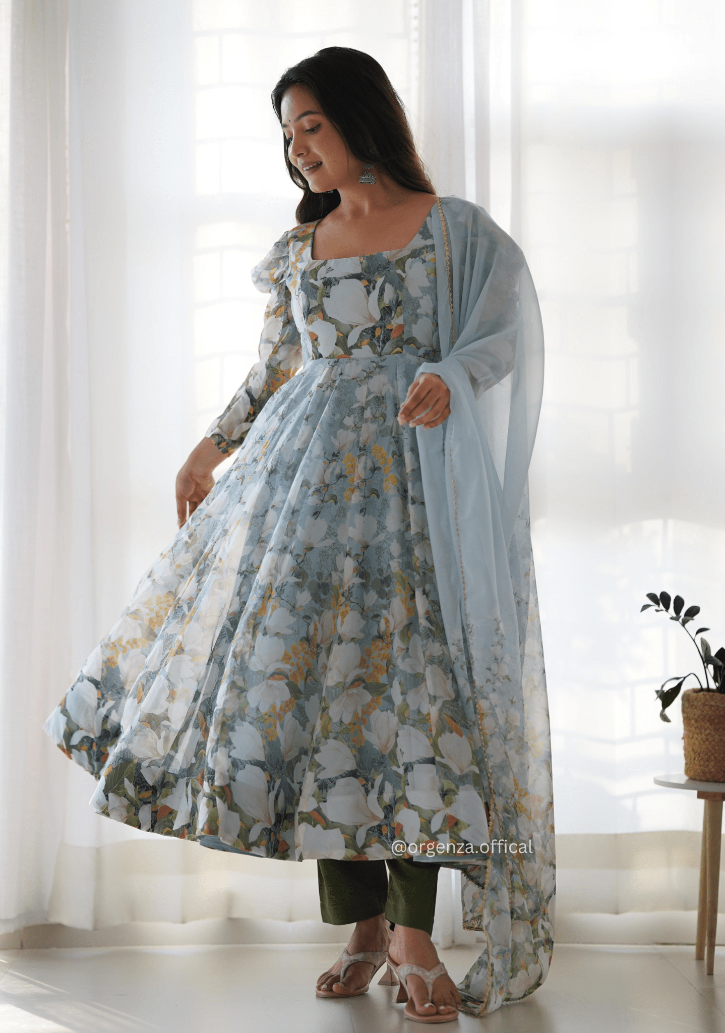 Floral Print Organza Anarkali With Dupatta And Pant - Orgenza Store - digisoch