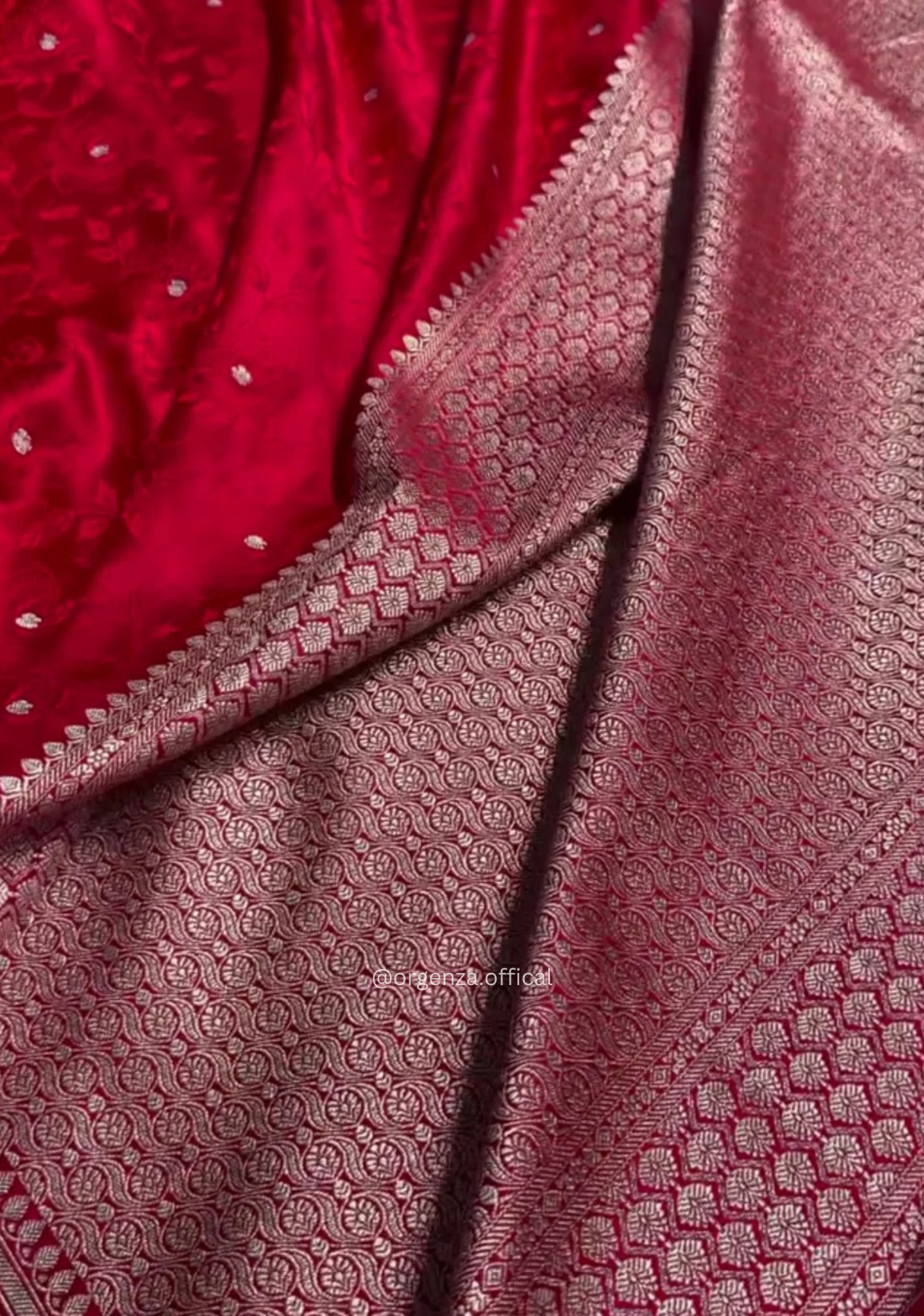 Bold Red Banarasi Satin Saree with Silver Zari Weaving