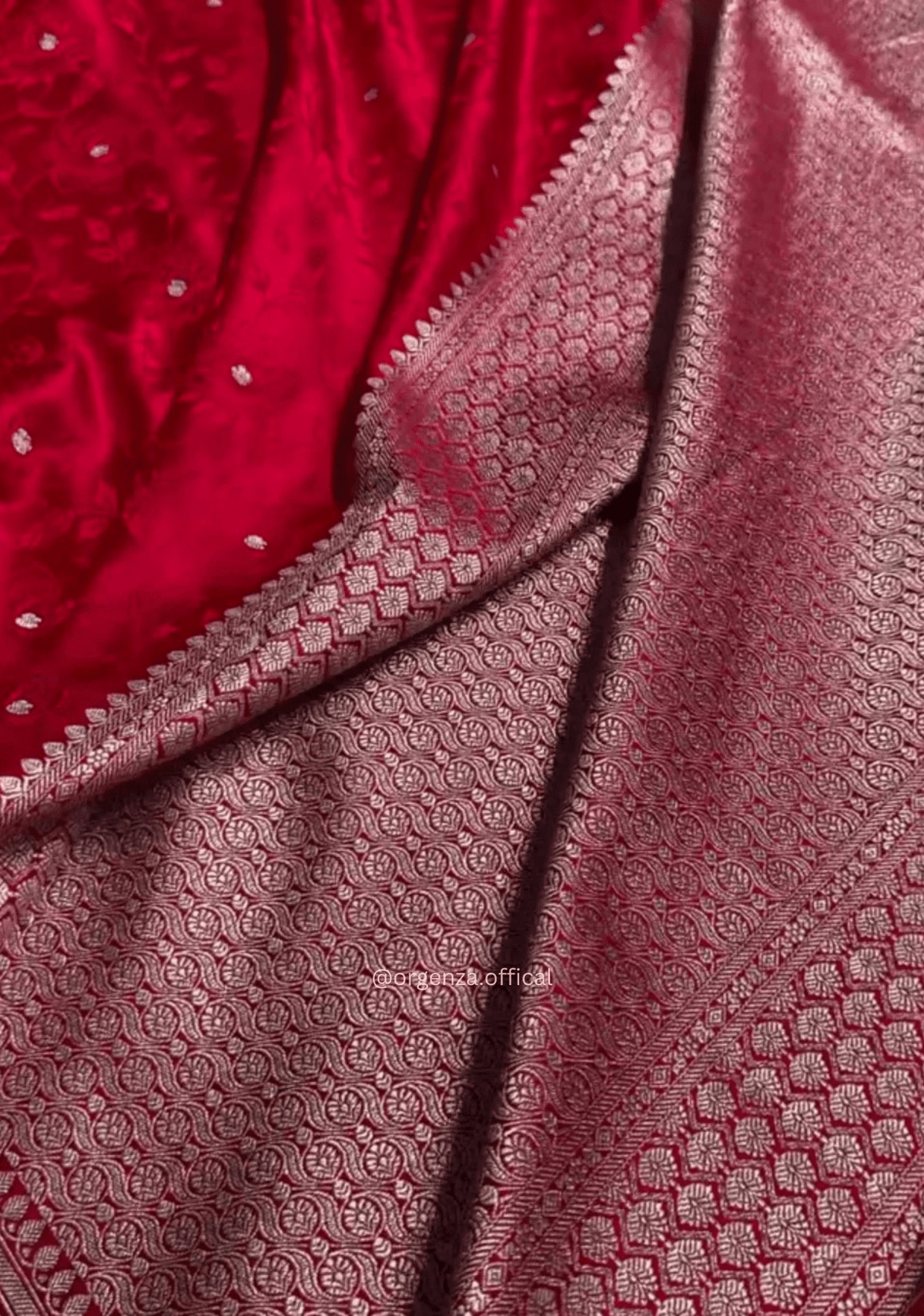 Bold Red Banarasi Satin Saree with Golden Zari Weaving