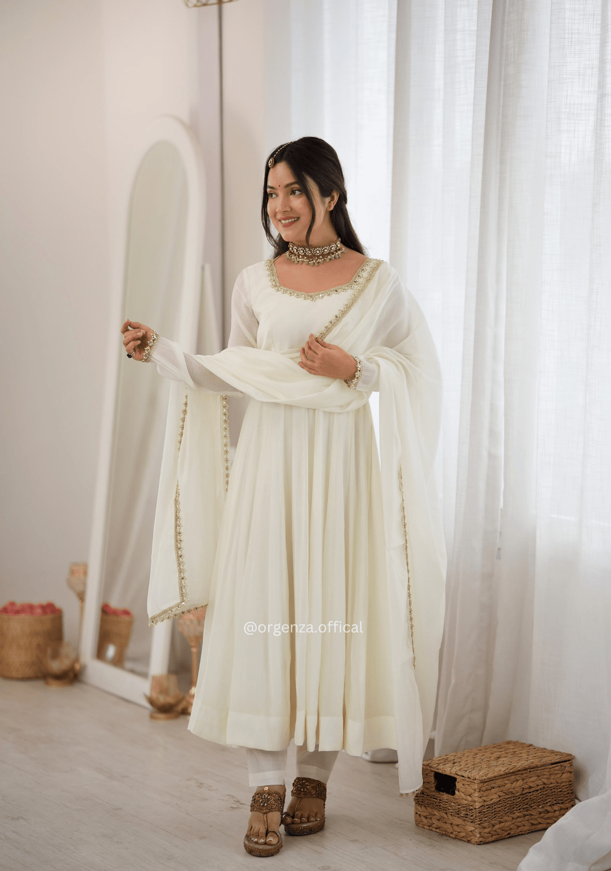 Off-White Pure Mal Chanderi Mirror Work Anarkali Set