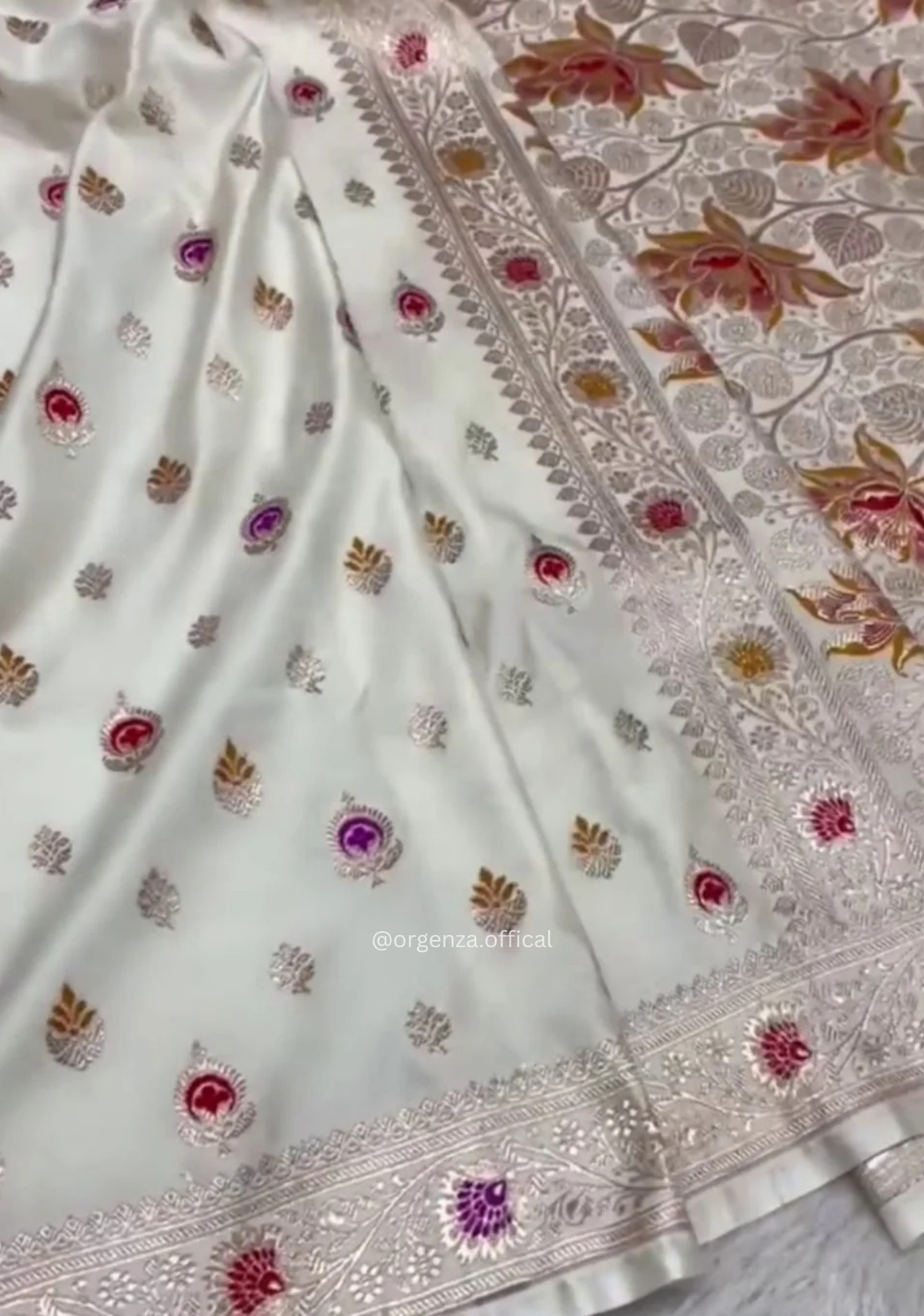 White Satin Mashru Banarasi Saree with Multicolor Meena Buta