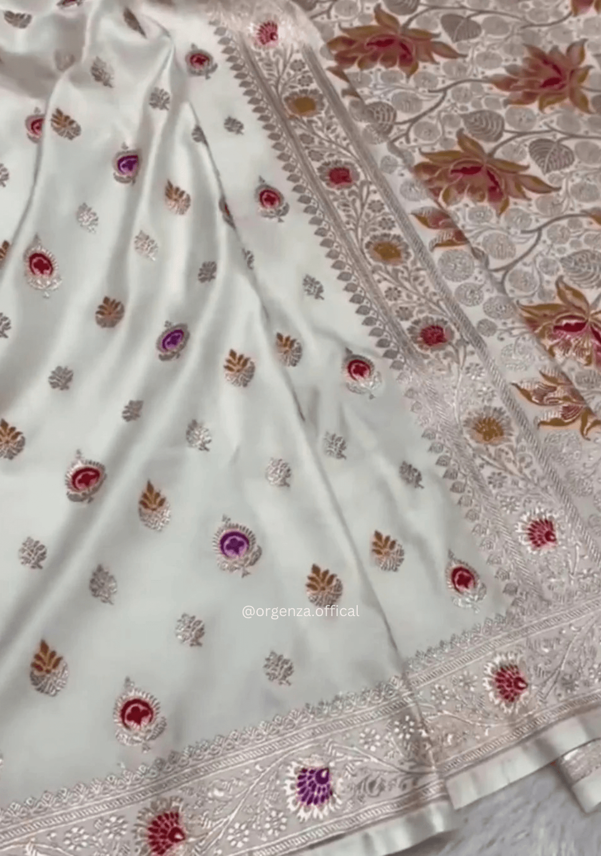 White Satin Mashru Banarasi Saree with Multicolor Meena Buta