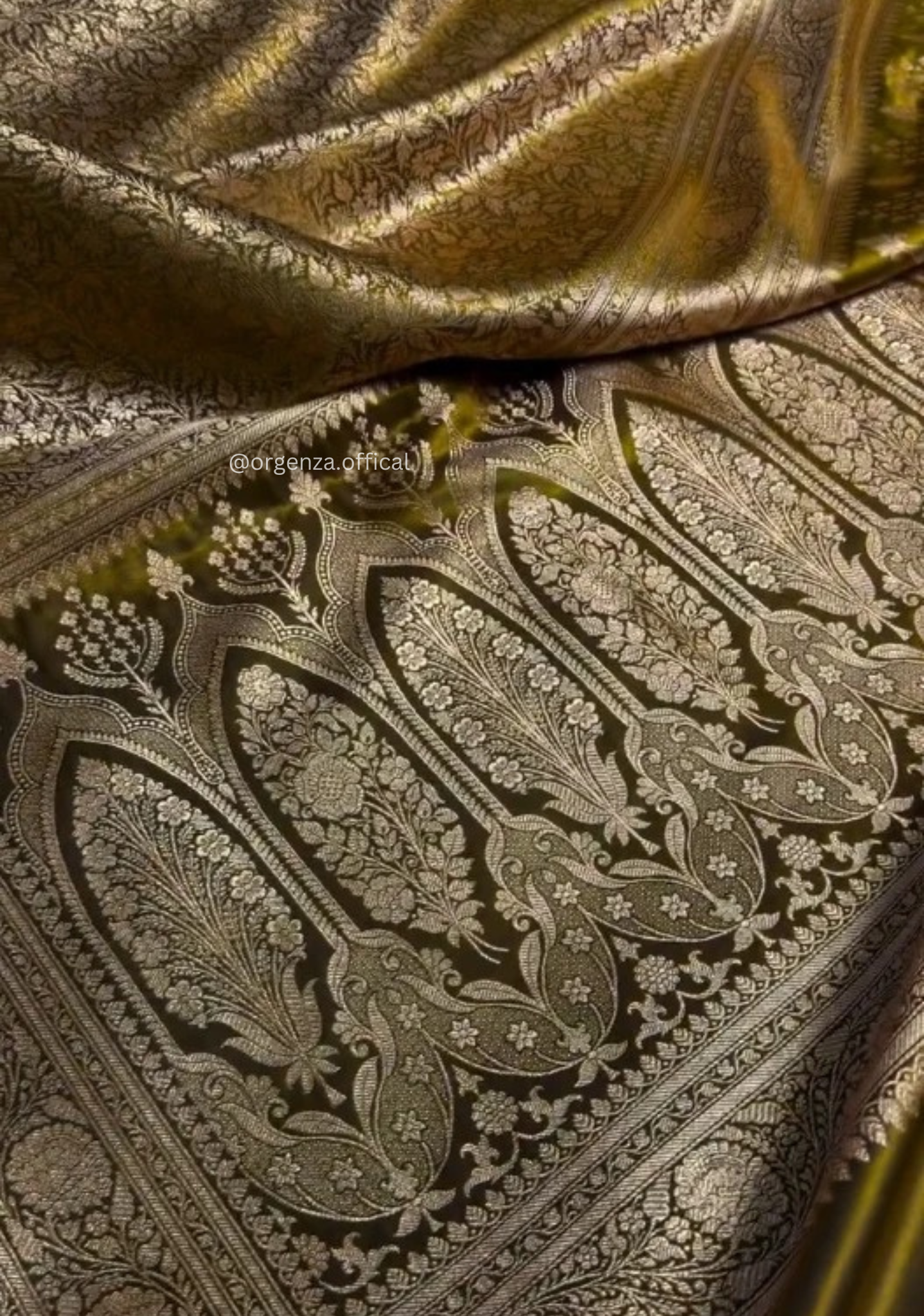 Olive Gold Banarasi Satin Saree with Golden Zari Weaving