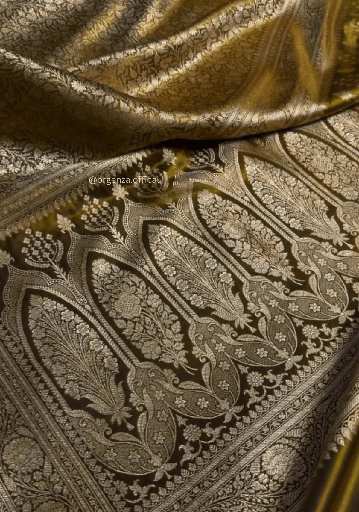 Olive Gold Banarasi Satin Saree with Golden Zari Weaving