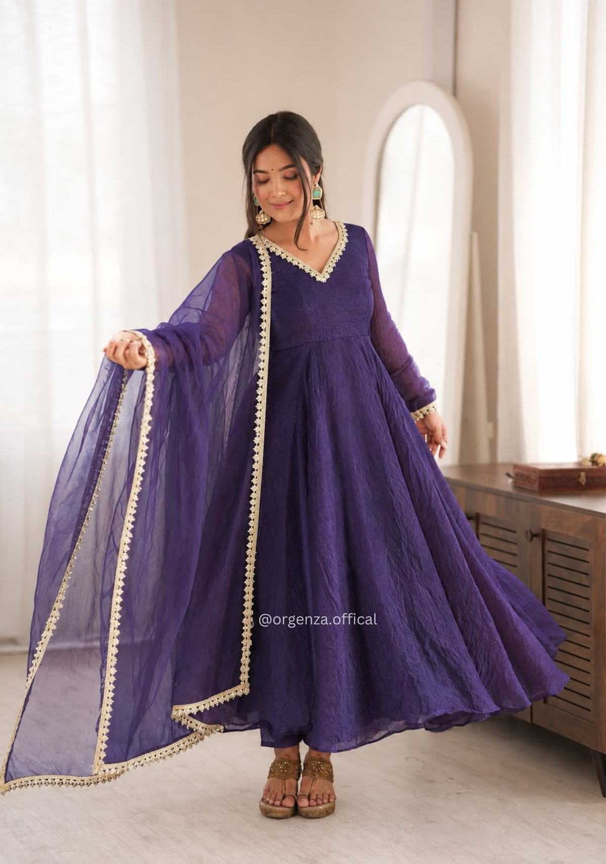 Purple Crush Mirror Work Gown Set with Butterfly Net Dupatta