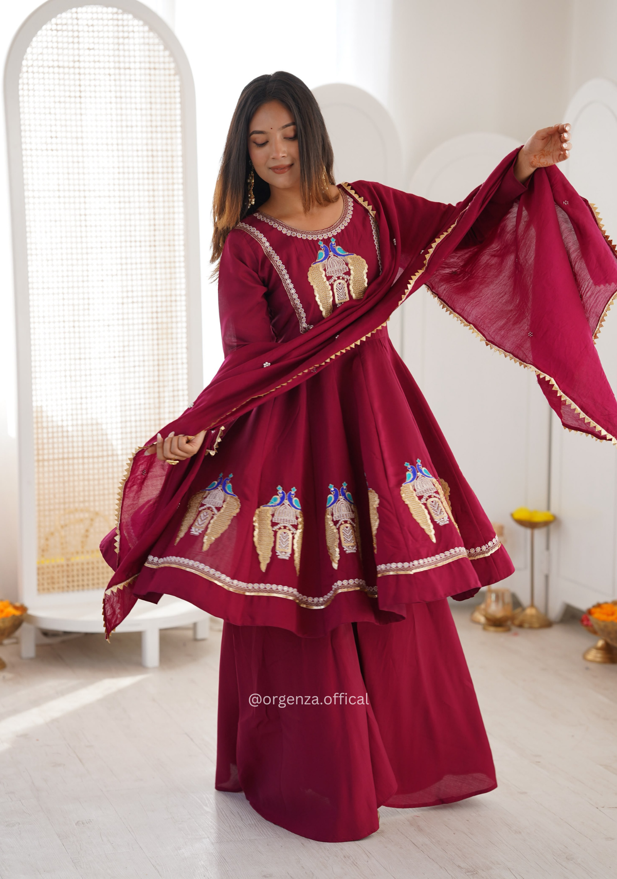 Wine Red Roman Silk Embroidered Sequence Anarkali Suit Set