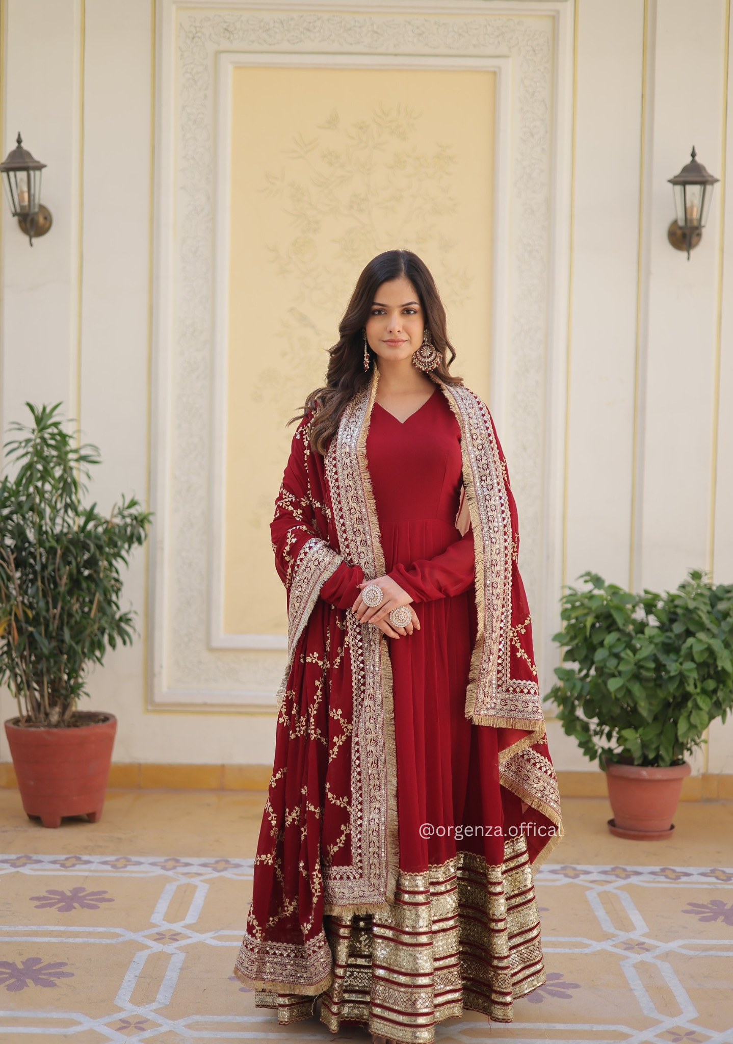 Maroon Colour Soft Fox Blooming Zari Sequins Gown - Orgenza Store