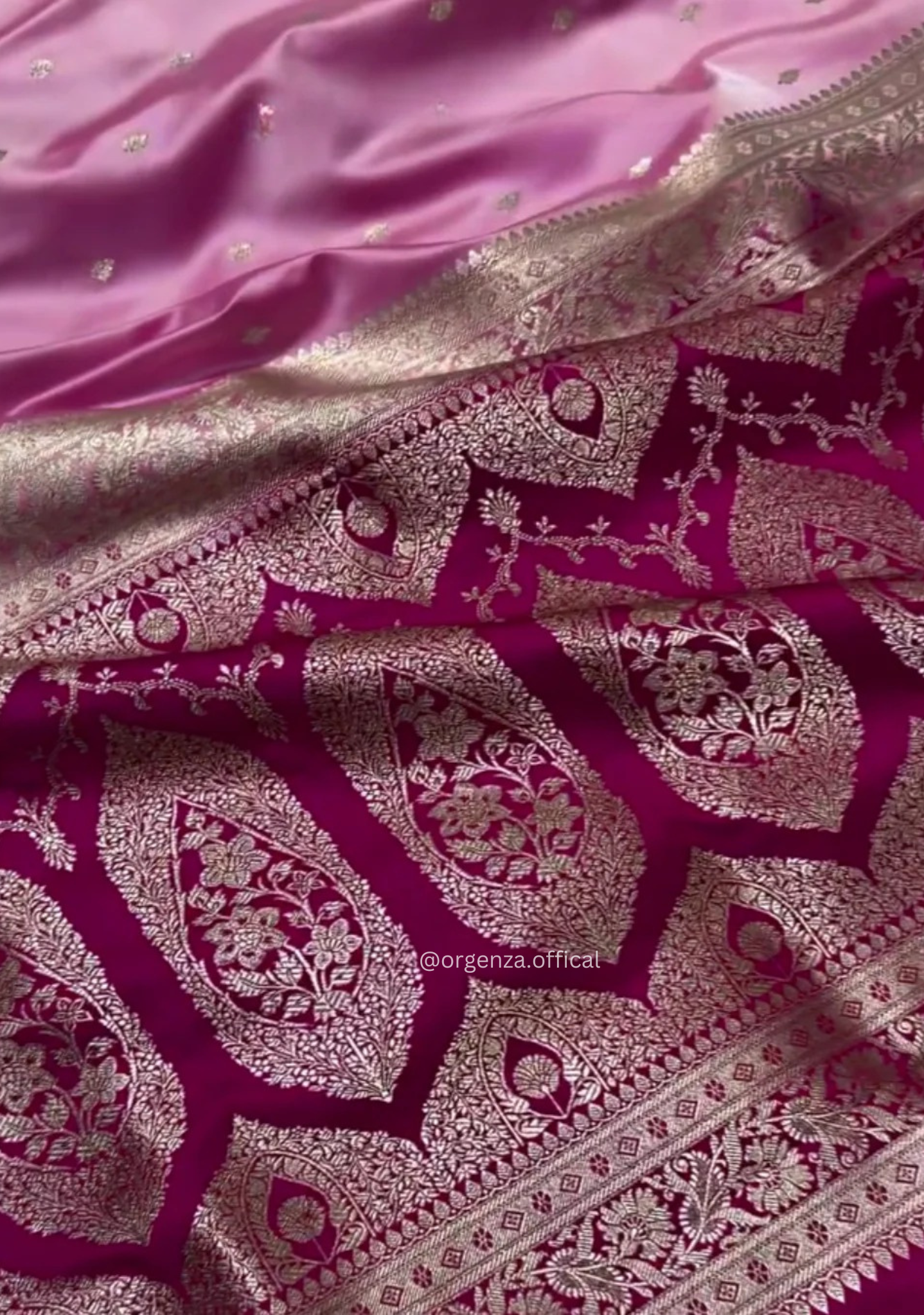 Bright Pink Banarasi Satin Saree with Golden Zari Weaving