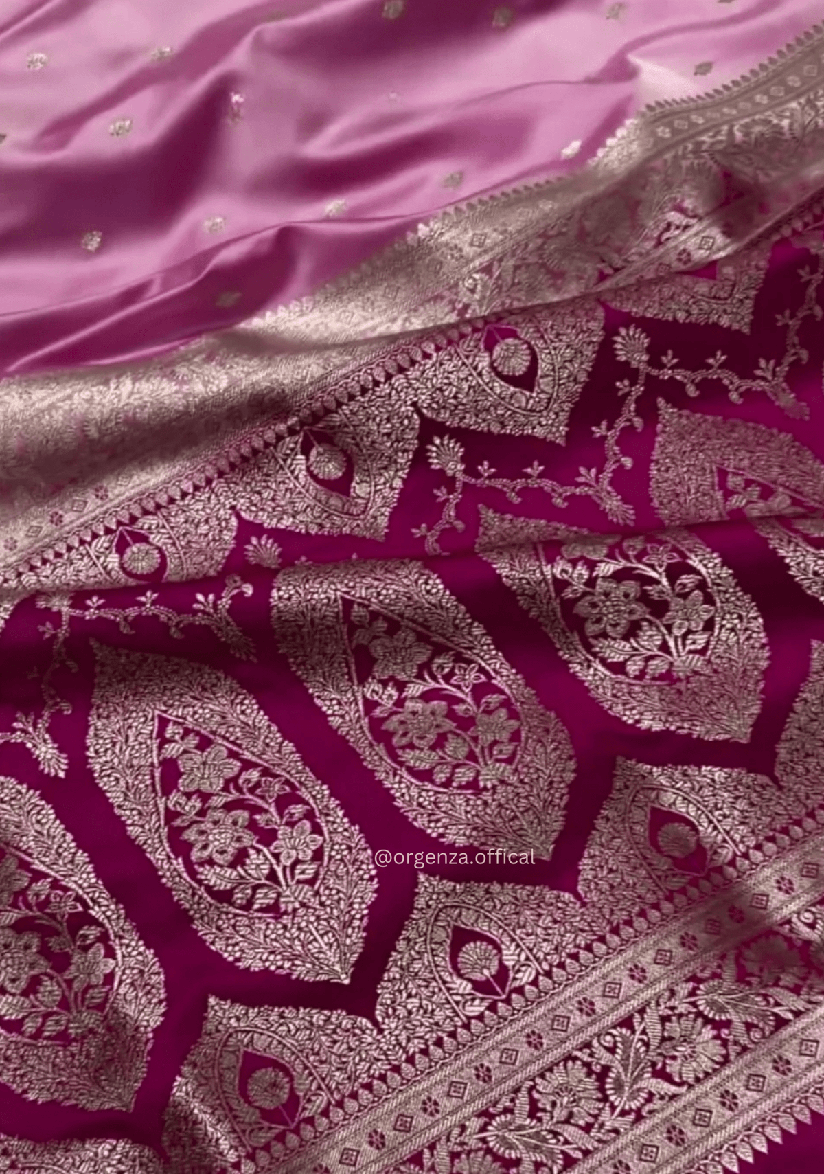 Bright Pink Banarasi Satin Saree with Golden Zari Weaving