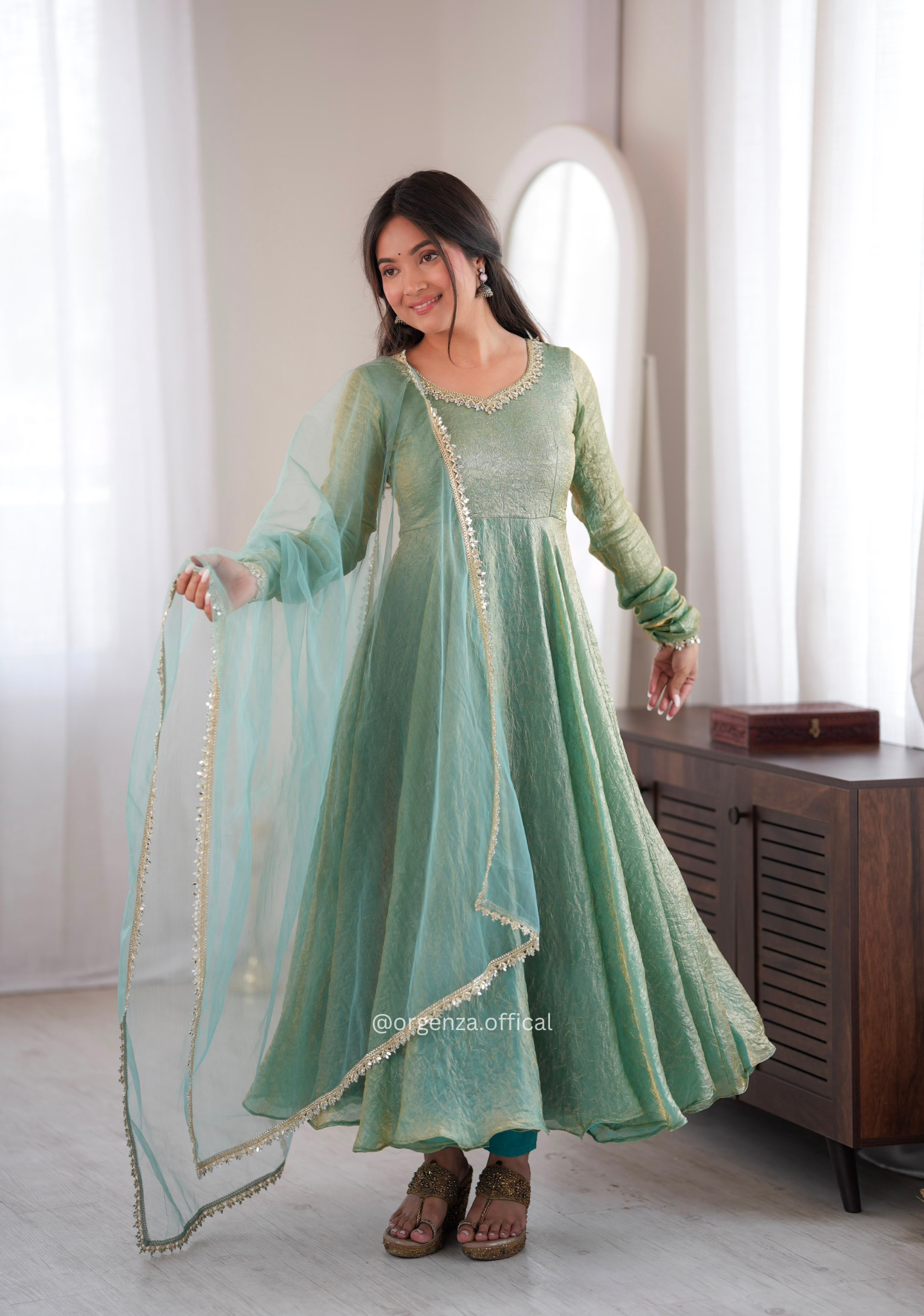 Mint Green Crush Mirror Work Gown Set with Butterfly Net Dupatta