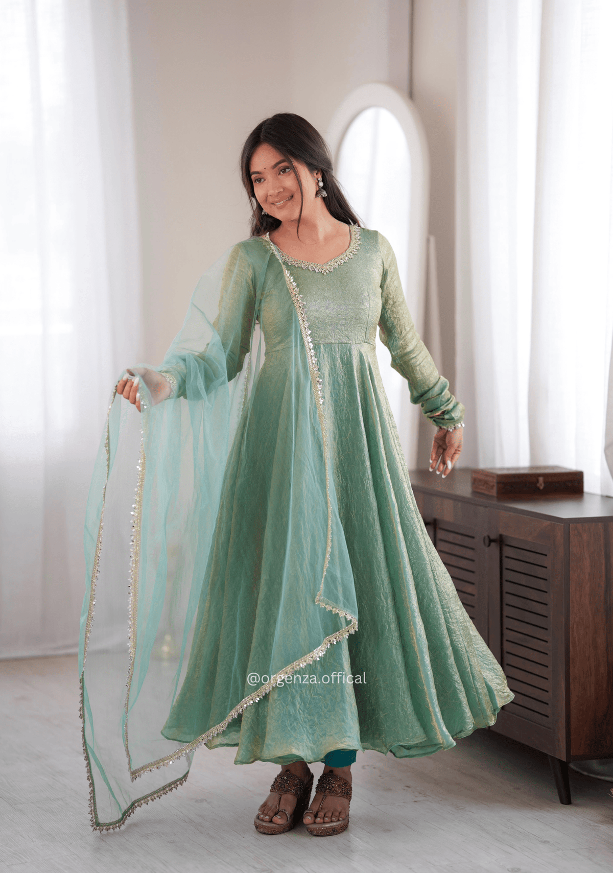 Mint Green Crush Mirror Work Gown Set with Butterfly Net Dupatta