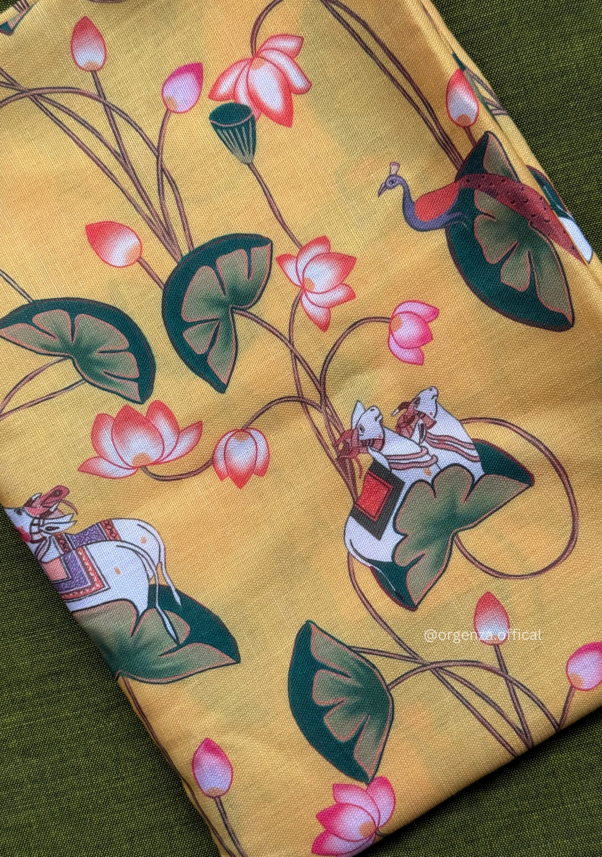 Mehendi Green Cotton Saree With Yellow Print Blouse - Orgenza Store - digisoch