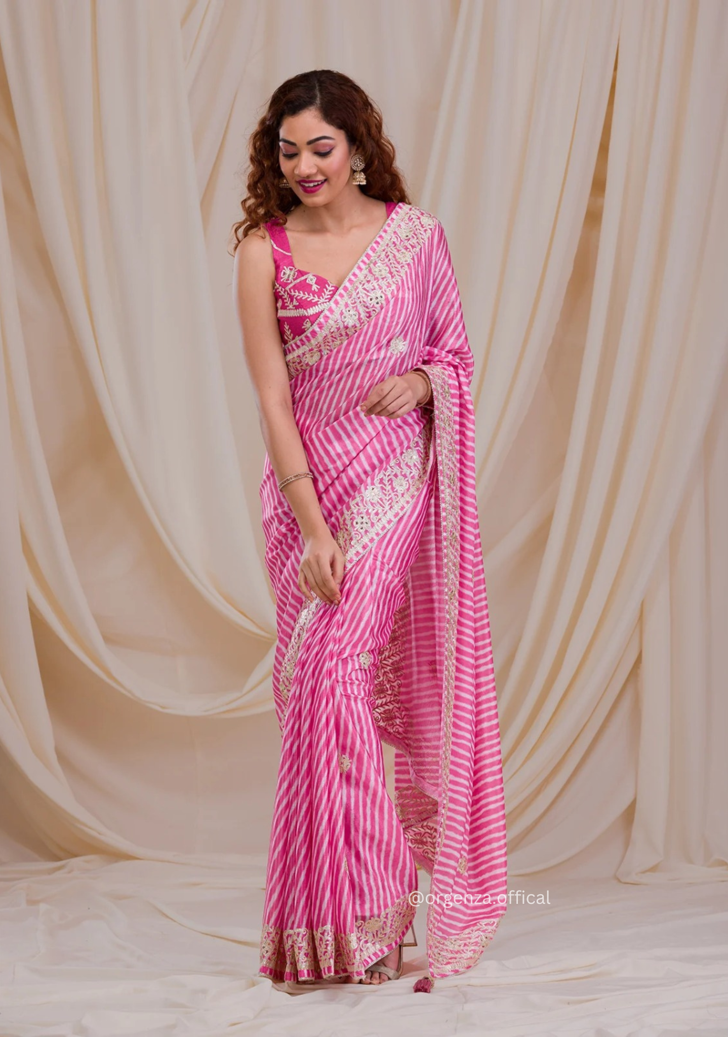Baby Pink Colour Chinnon Digital Print Saree