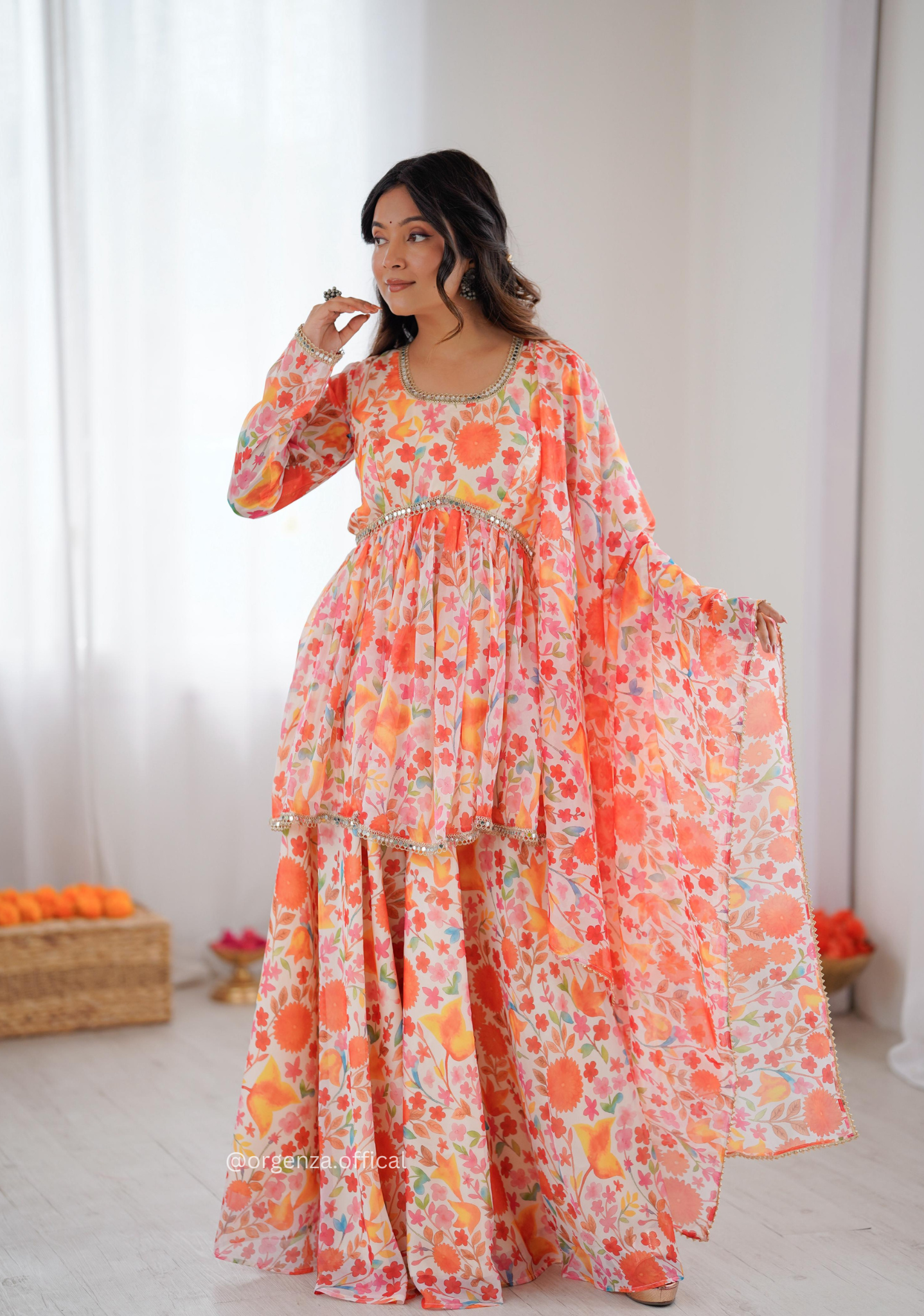 Orange Multi Colour Organza Kediya Type Kurti With Palazzo Set