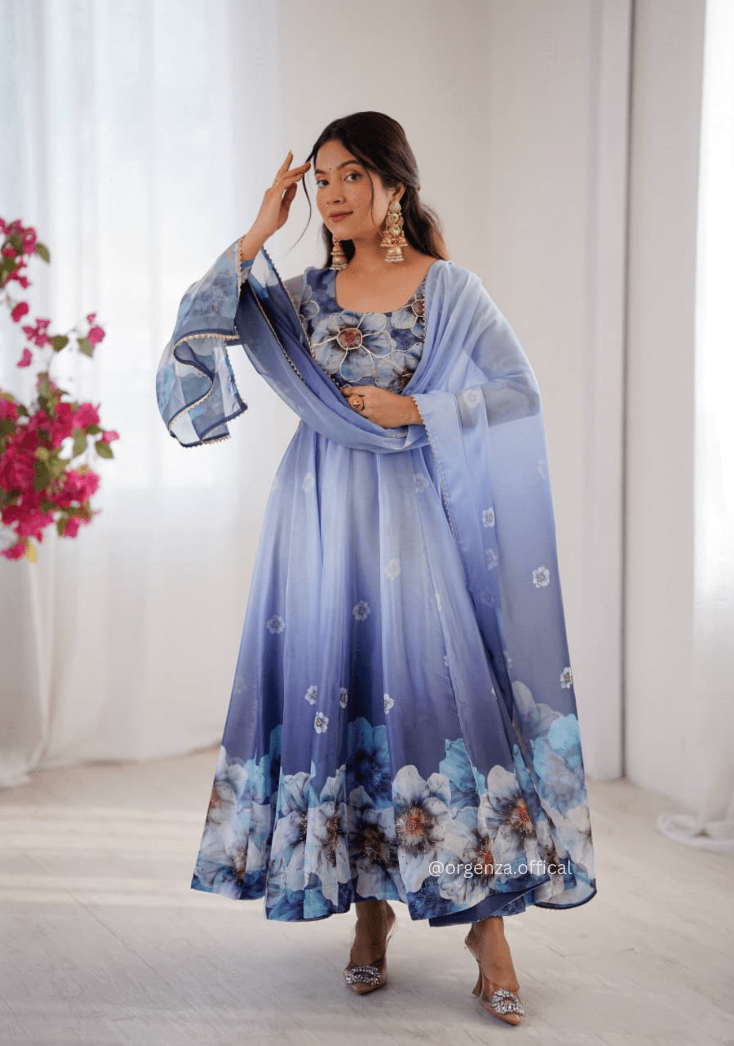 Grey Colour Organza Silk Digital Print Anarkali Kurtis - Orgenza Store - digisoch